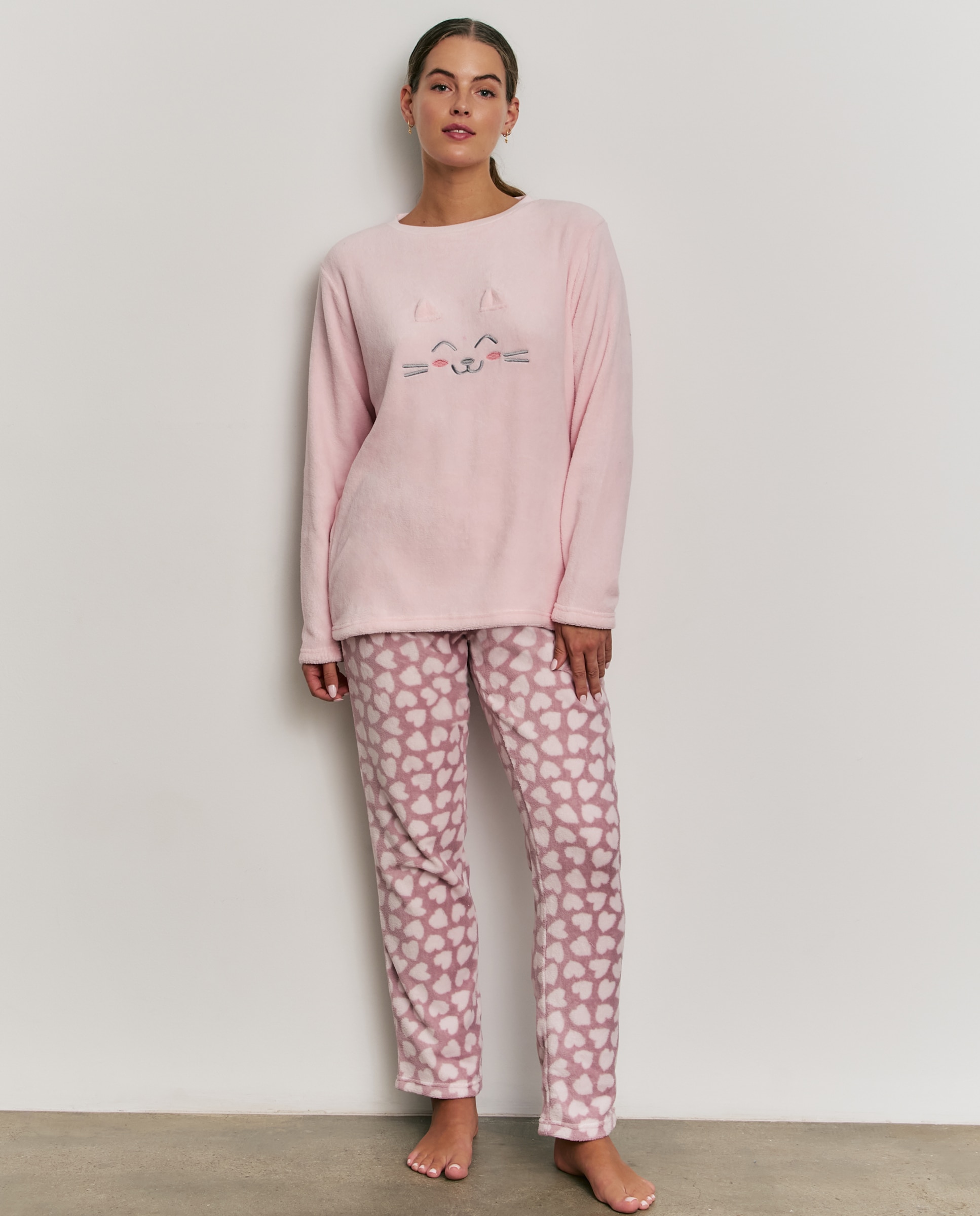 Pijama completo de mujer con manga larga y pantalón largo - Promise - Rosa Rosa-1