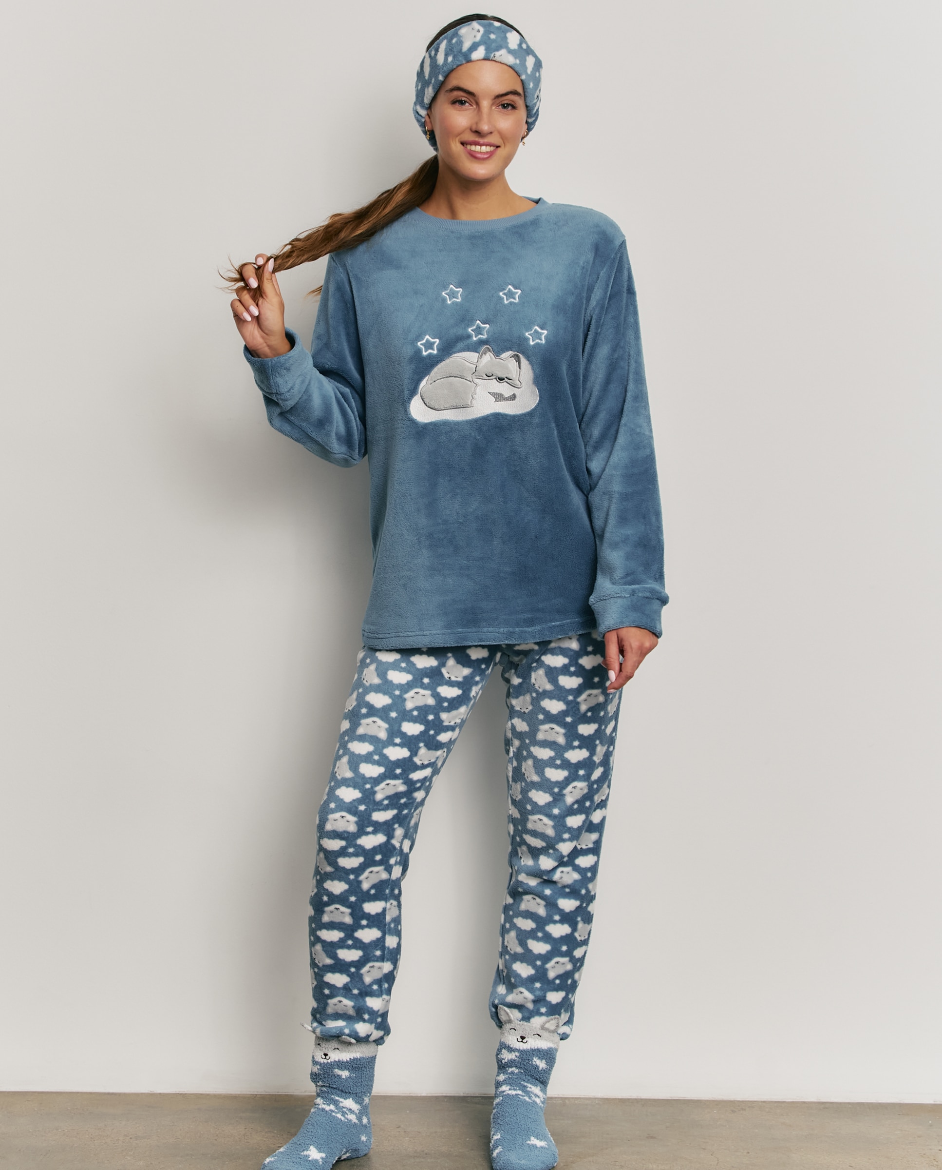 Pijama completo de mujer con manga larga y pantalón largo - Promise - Azul Azul-3