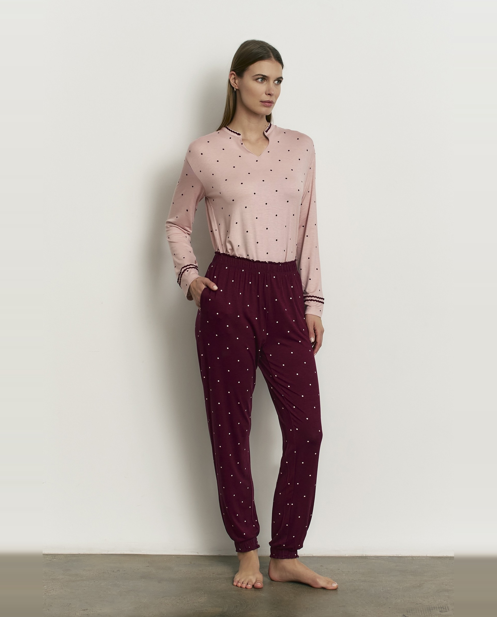 Pijama completo de mujer con manga larga y puños - Promise - Burdeos Burdeos-1