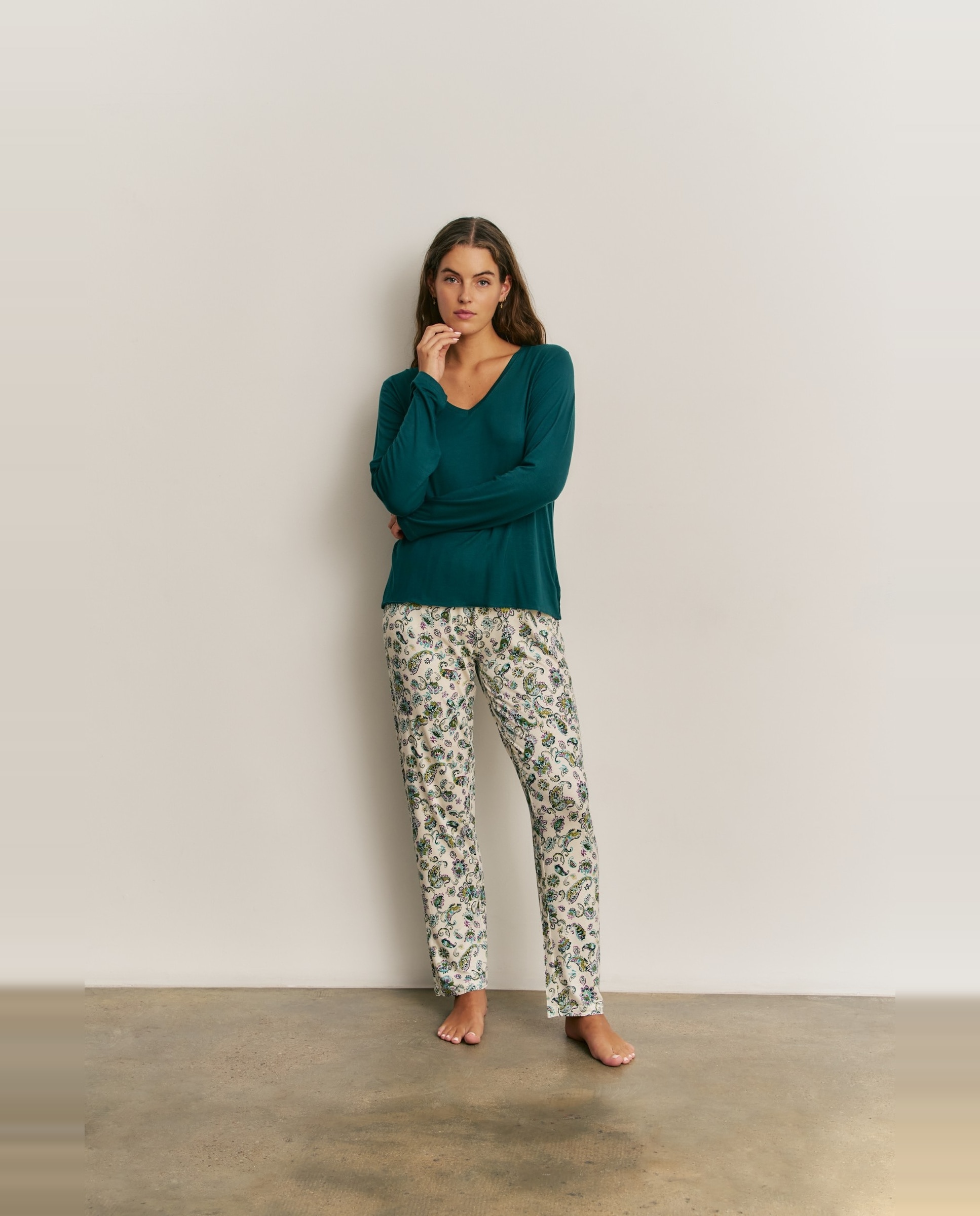 Pijama completo de mujer con manga larga y pantalón largo - Promise - Esmeralda Esmeralda-1