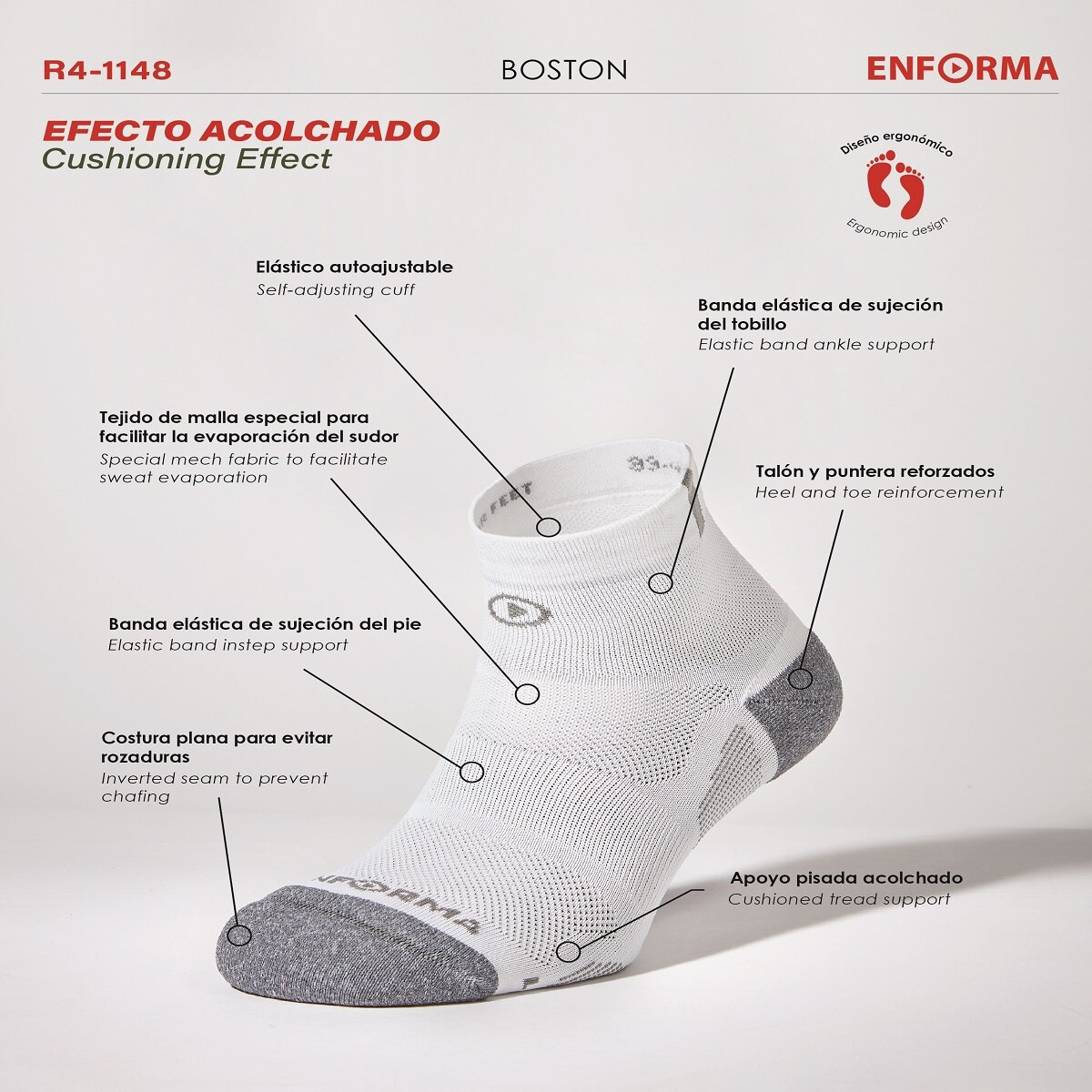 Imagen 5 de Calcetines de running unisex Boston Enforma - Blanco / Gris Blanco / Gris