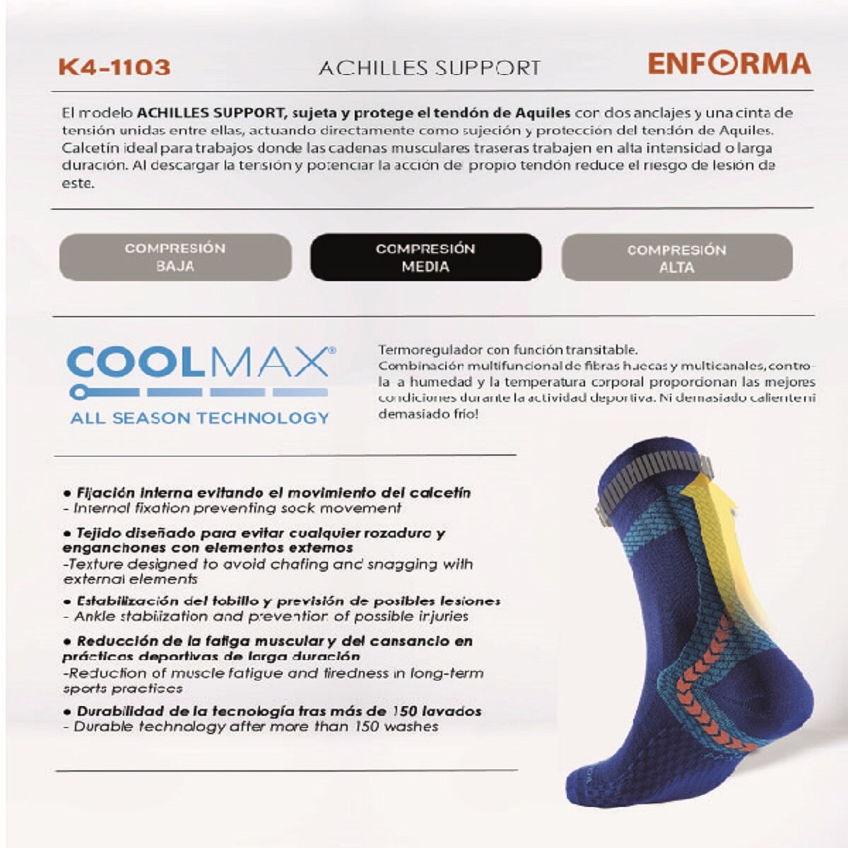 Calcetín de running unisex Achilles Tendon Enforma - Negro / Azul Negro / Azul-3