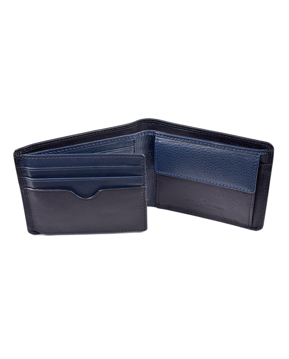 Cartera de hombre de piel negra y azul con monedero interior