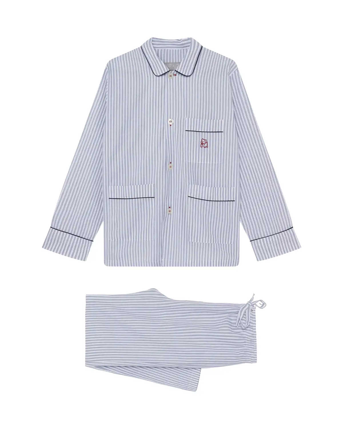 Pijama de niño largo de algodón en color blanco con rayas azules