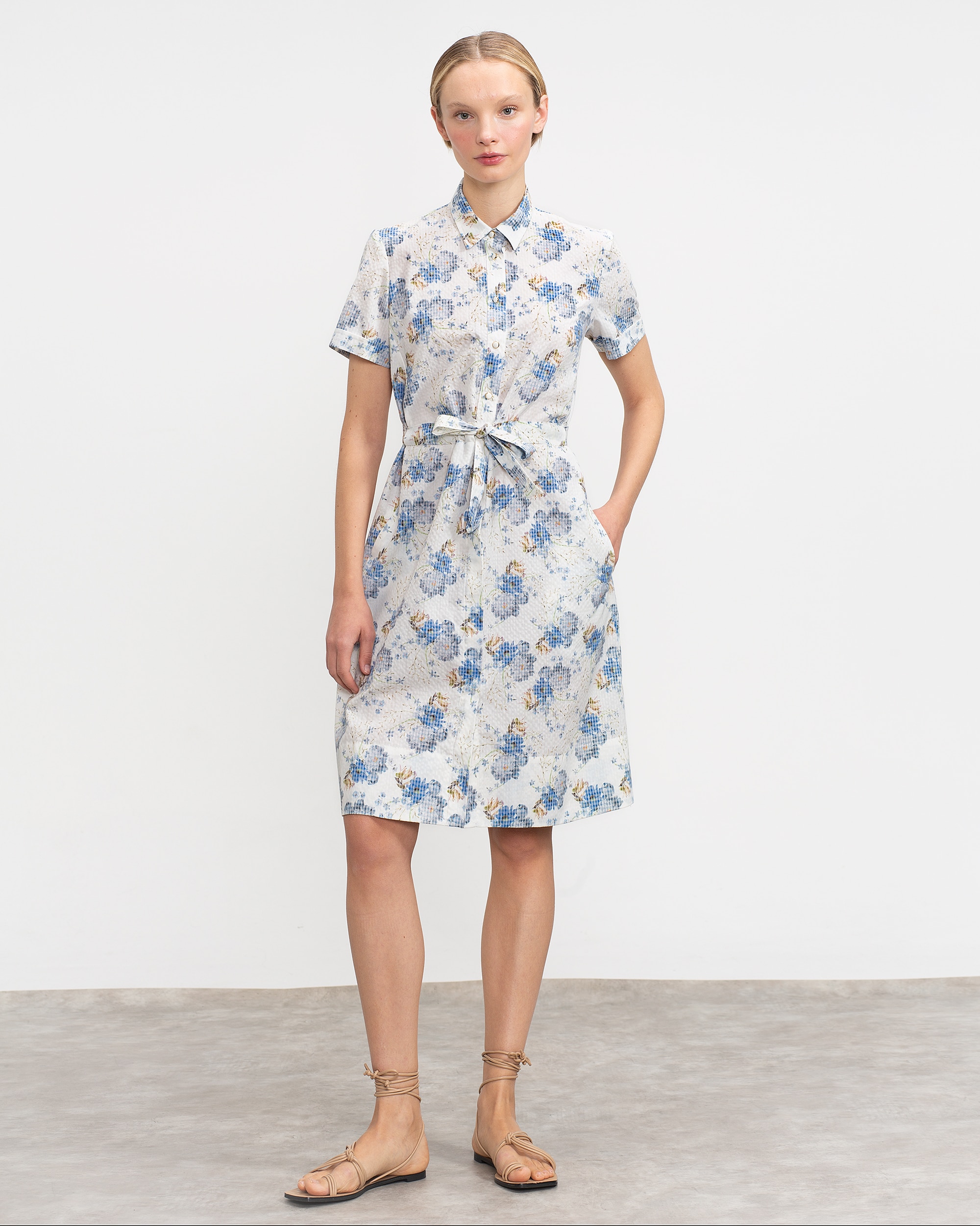 Vestido corto con cinturón - Lasserre - Blanco / Azul Blanco / Azul-1