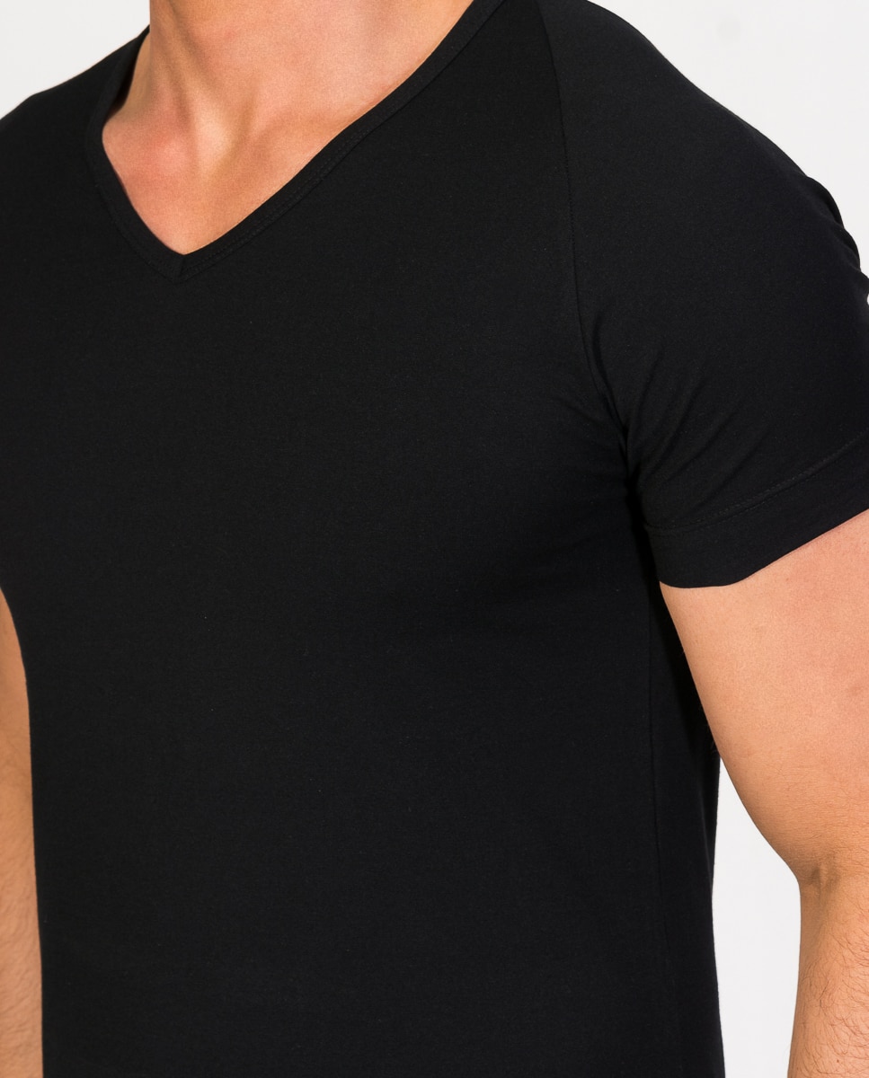 Camiseta interior de hombre de algodón egipcio de manga corta y cuello pico - ZD - Negro Negro-3