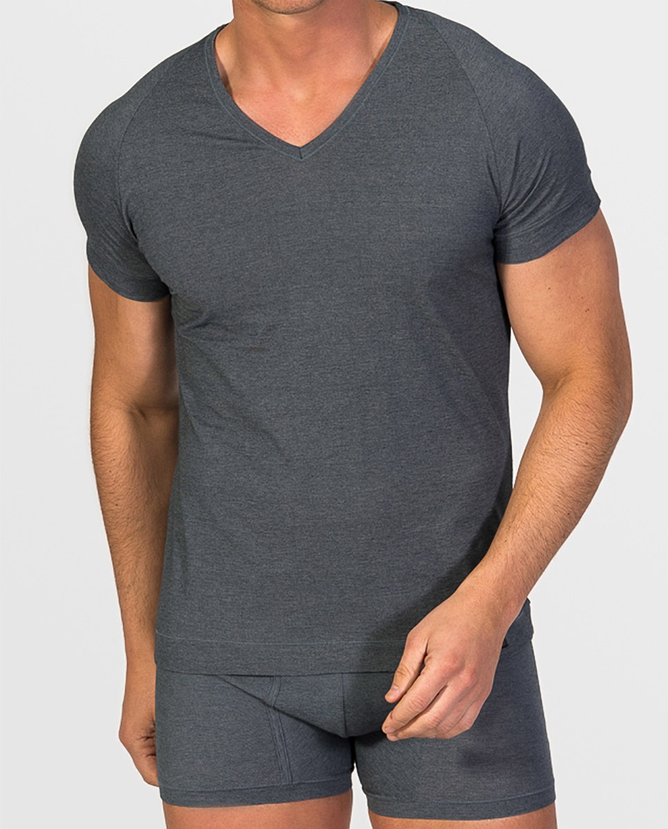 Imagen 0 de Camiseta interior de hombre de algodón egipcio de manga corta y cuello pico Gris oscuro