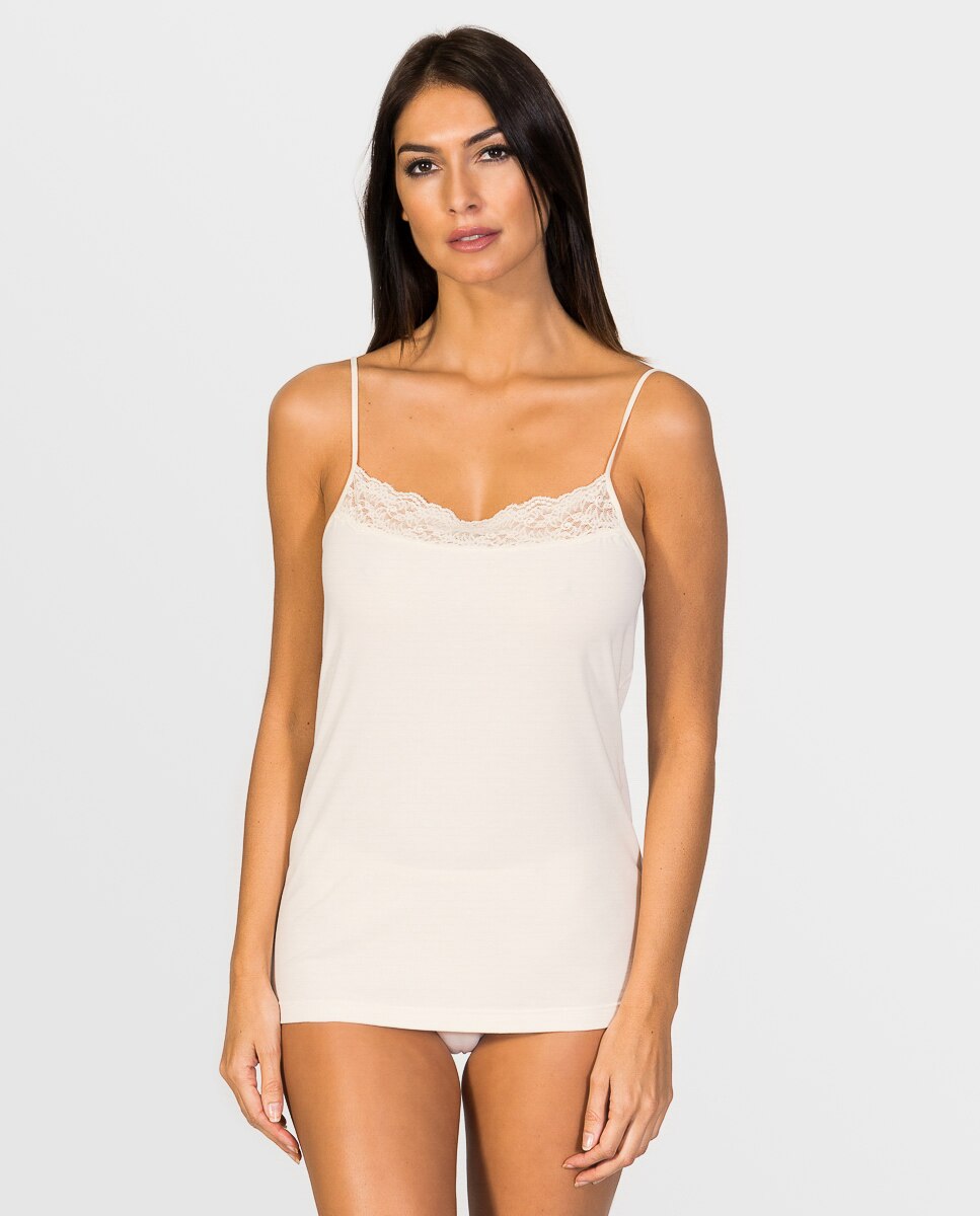 Camiseta interior de mujer de tirantes con encaje en escote de tejido ecofriendly - ZD - Crudo Crudo-1