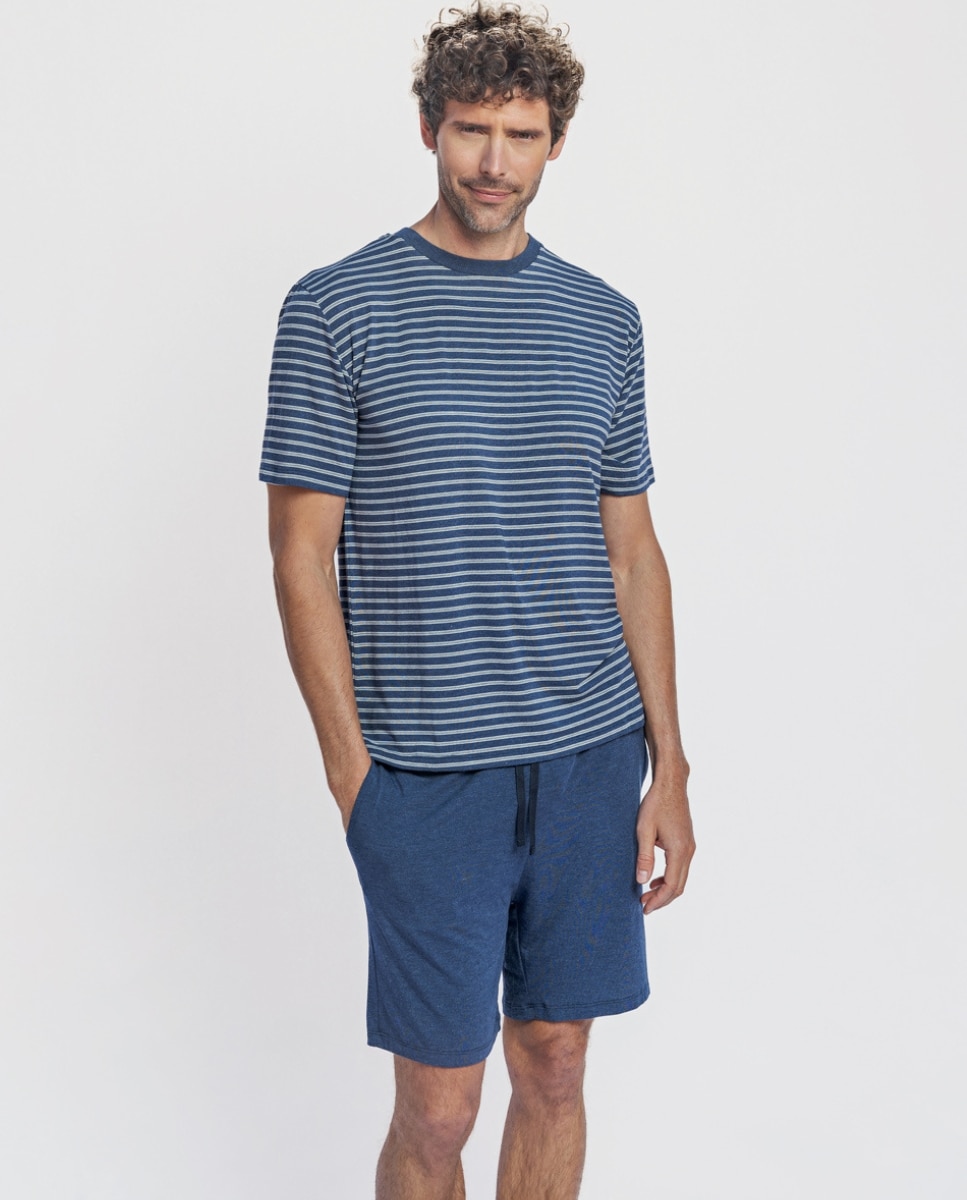 Pijama corto de hombre de modal con estampado rayas - ZD - Azul / Blanco Azul / Blanco-3