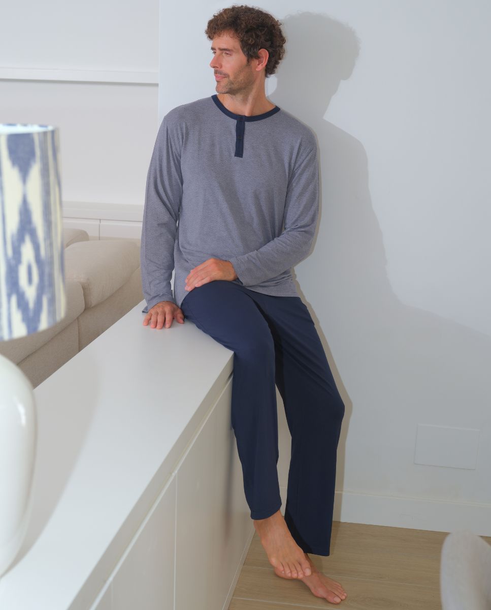 Pijama largo de hombre de modal color - ZD - Azul marino Azul marino-3