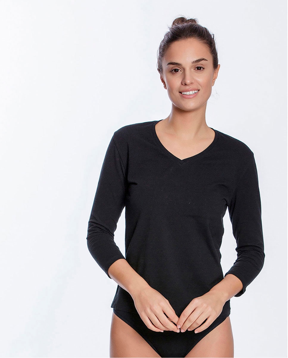 Camiseta interior de mujer de manga 3/4 en algodón - Punto Blanco - Negro Negro-1