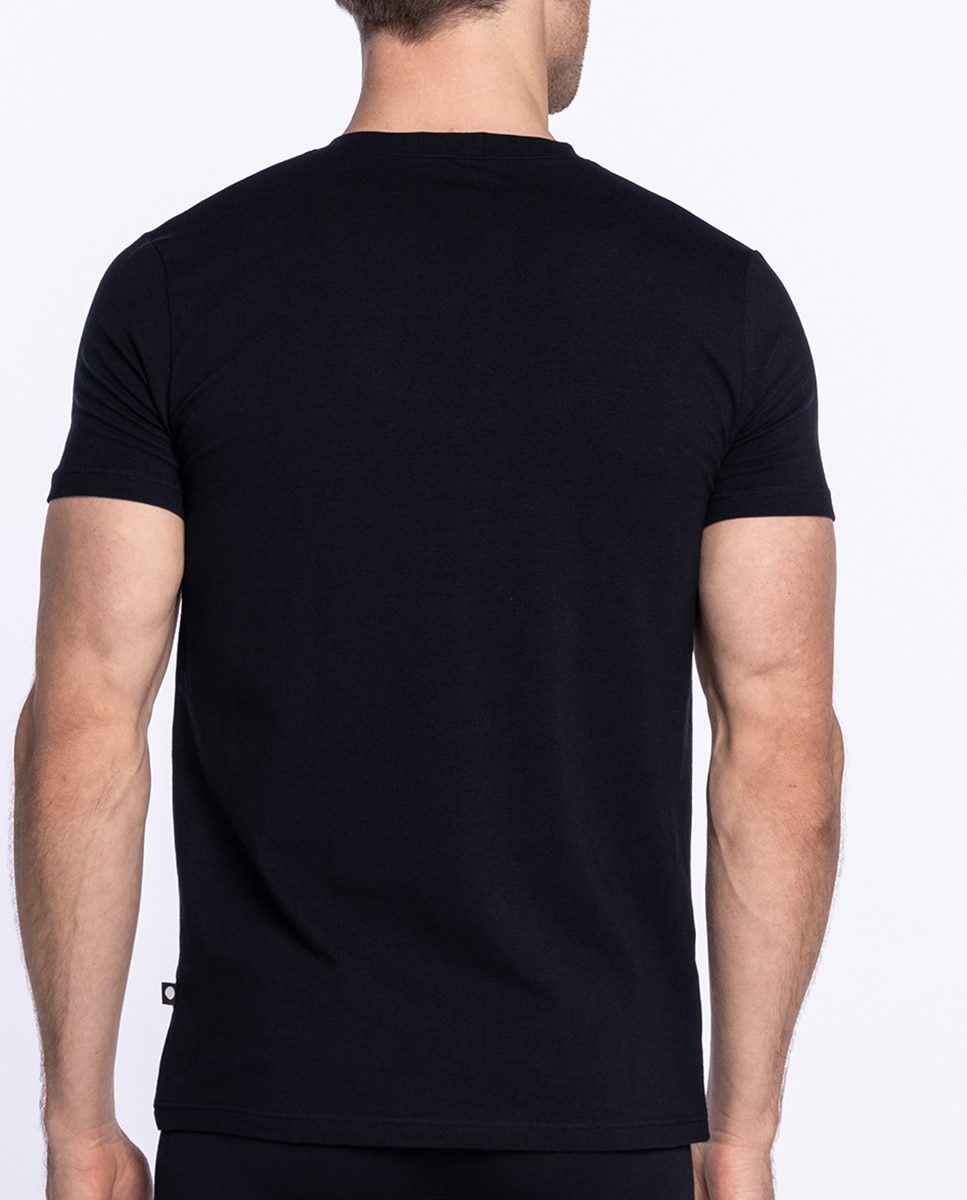 Camiseta interior de hombre de manga corta y cuello pico, 100% algodón peinado. Costuras interiores planas - Punto Blanco - Negro Negro-2