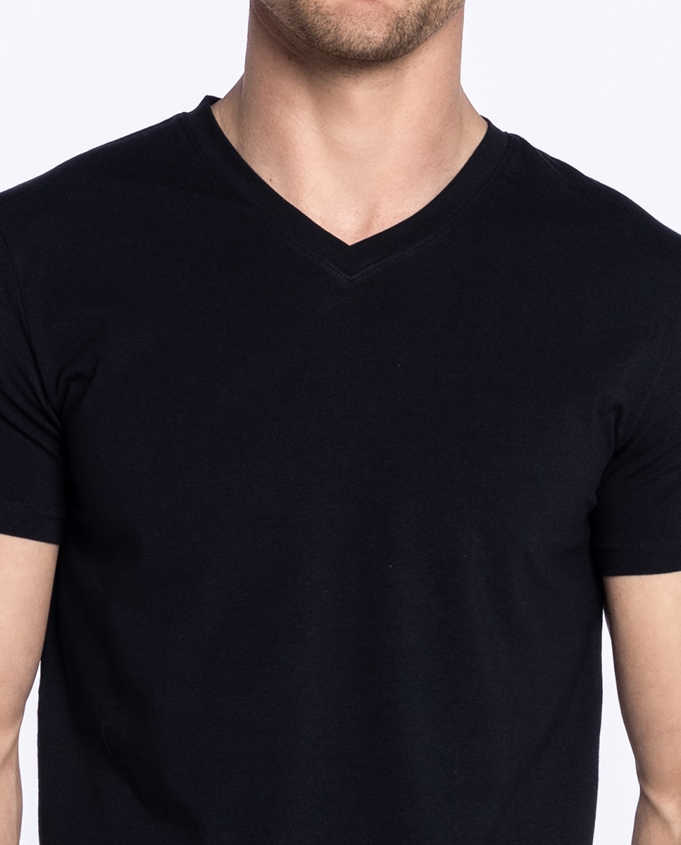 Camiseta interior de hombre de manga corta y cuello pico, 100% algodón peinado. Costuras interiores planas - Punto Blanco - Negro Negro-3
