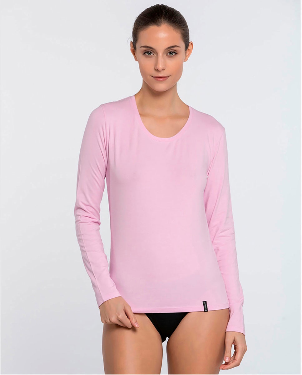 Camiseta interior de mujer de manga larga en algodón - Punto Blanco - Rosa Rosa-1