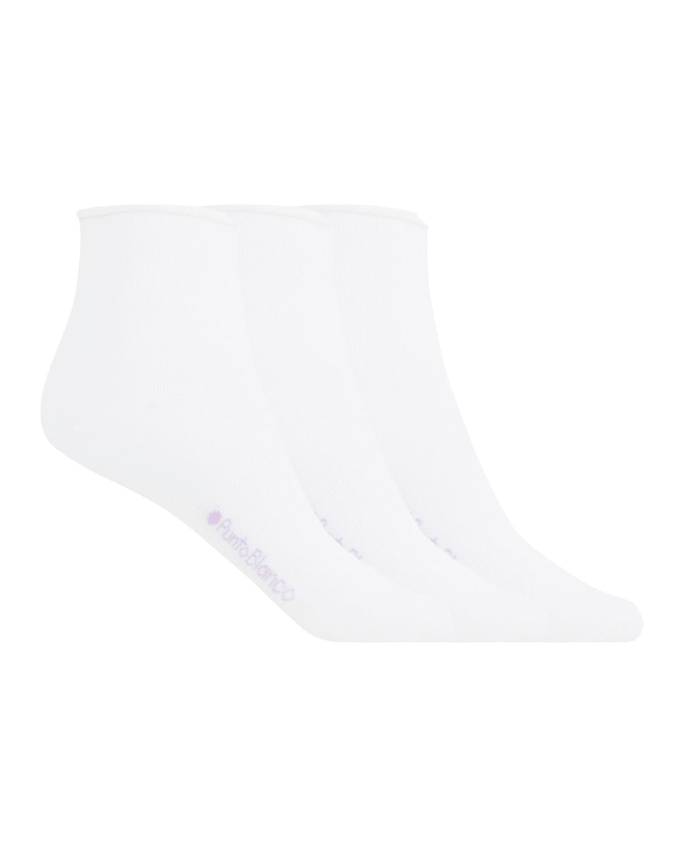 Pack de 3 pares de calcetines de mujer de algodón mercerizado lisos con puño roulé - Punto Blanco - Blanco Blanco-1