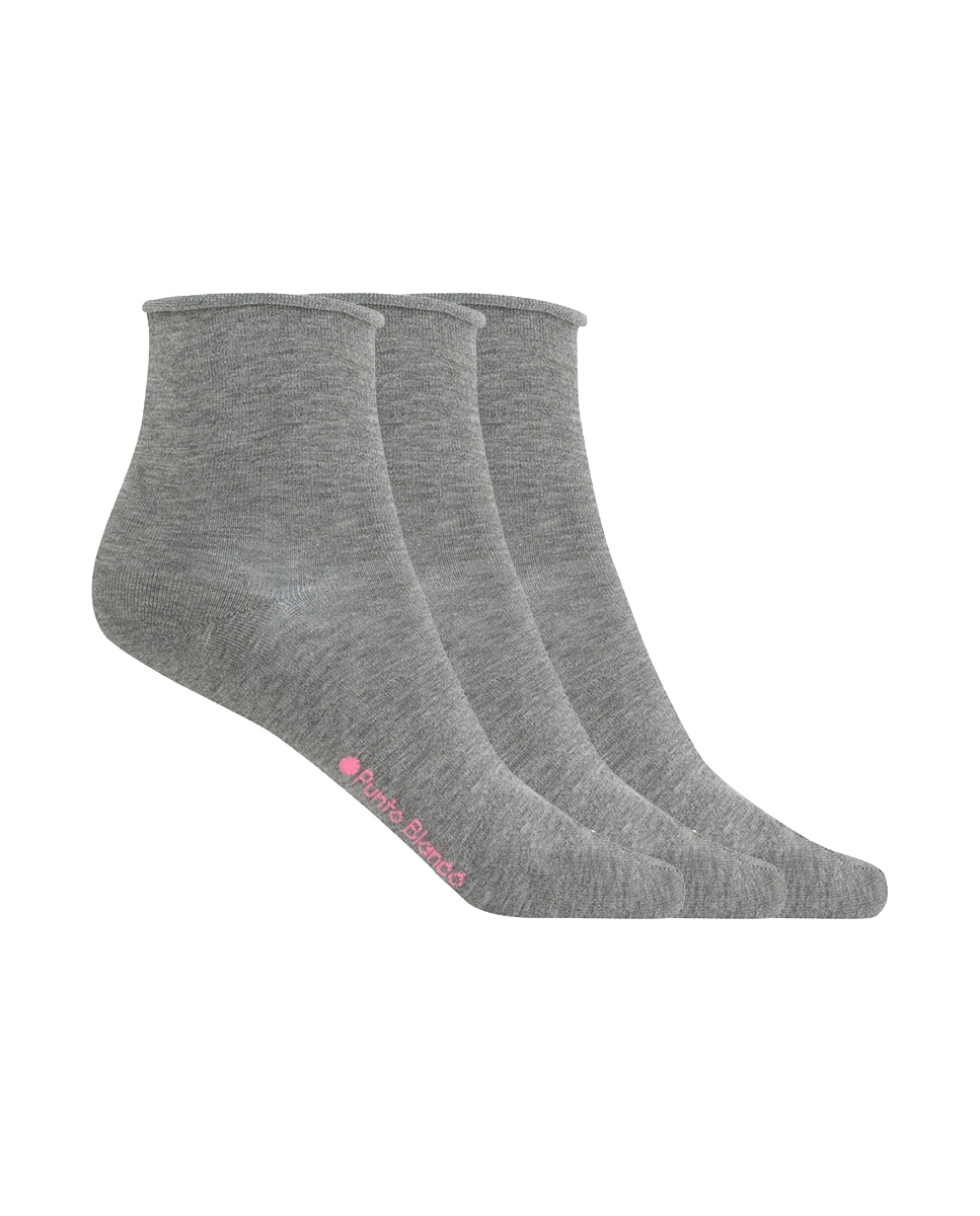Pack de 3 pares de calcetines de mujer de algodón mercerizado lisos con puño roulé - Punto Blanco - Gris Gris-1