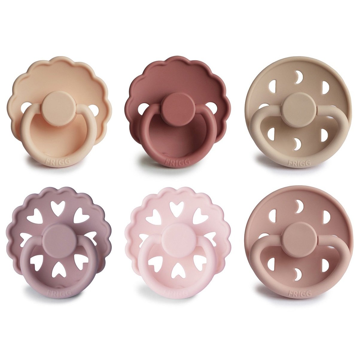 Frigg - Pack regalo 6 chupetes Frigg tetina redonda de silicona.