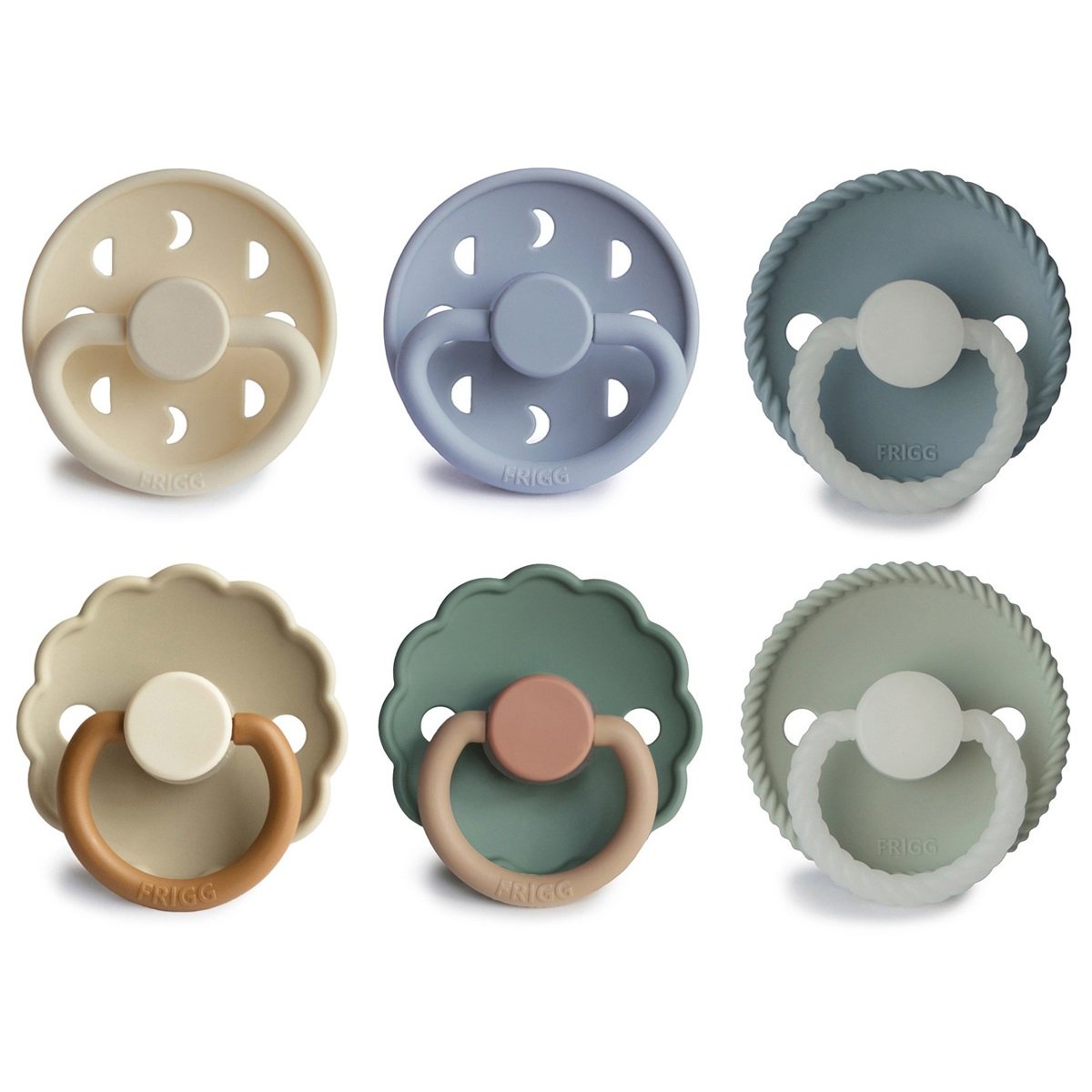Frigg - Pack regalo 6 chupetes Frigg tetina redonda de silicona.