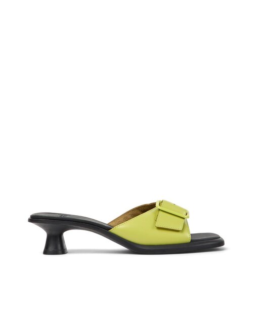 Sandalias de tacón de mujer de piel con tira y hebilla decorativa en verde lima