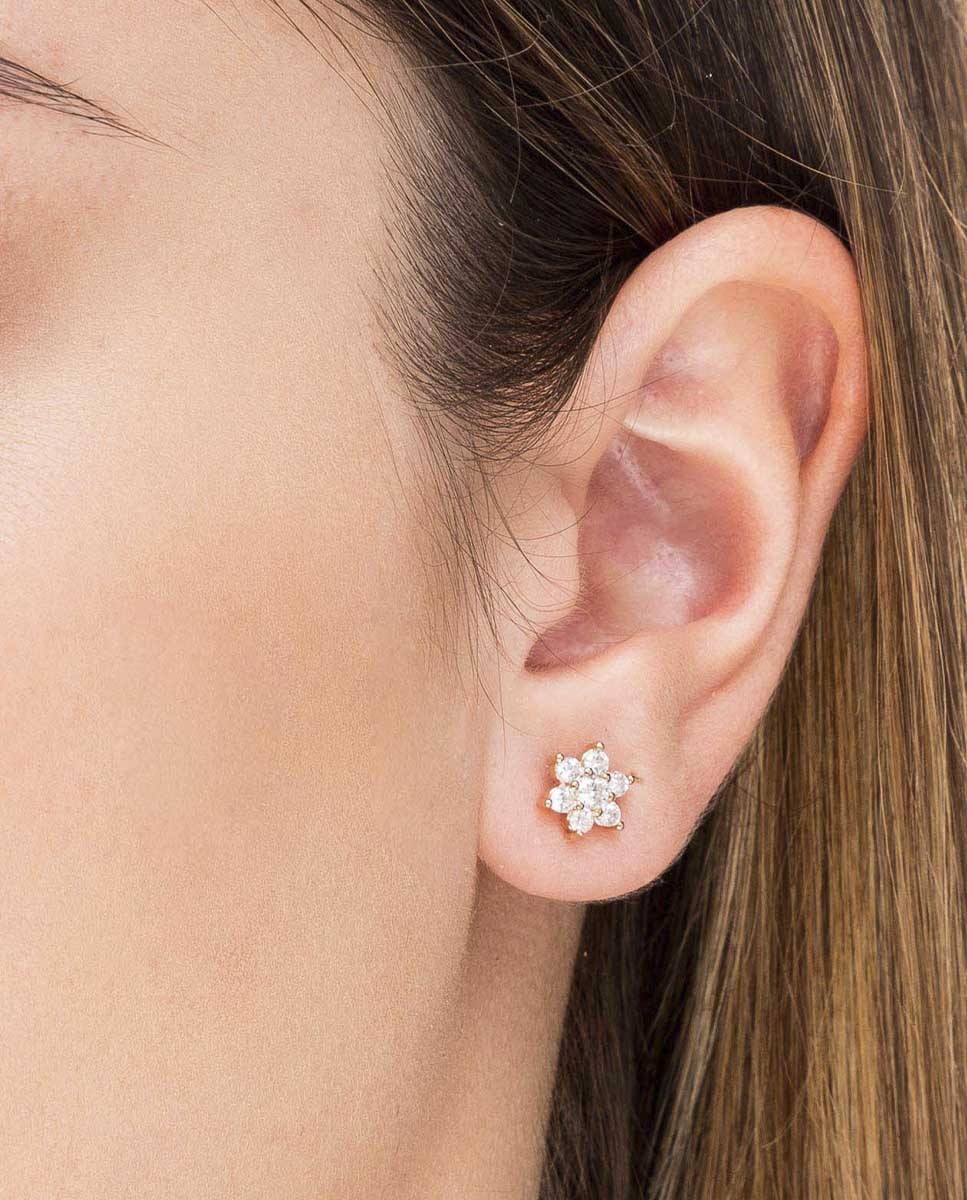 Pendientes flor botón bañados en oro de 18 kt con circonitas - Vidal & Vidal - Blanco Blanco-2