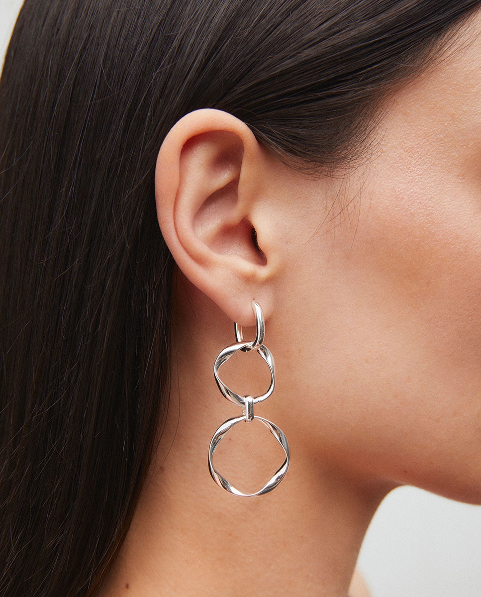 Pendientes largos aros saura bañados en plata de ley 925 Plateado-2