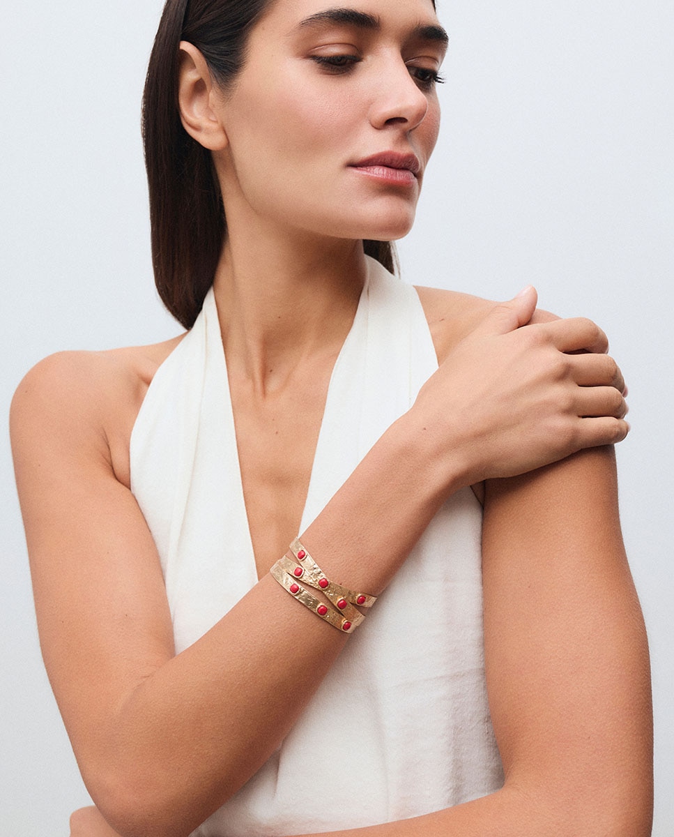Brazalete cruzado zahara de maría g de jaime bañado en oro de 18 kt con coral sintético - Vidal & Vidal - Rojo Rojo-3