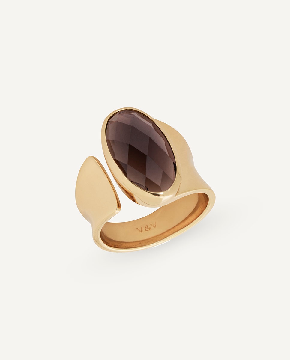 Anillo ancho ambar bañado en oro de 18 kt con cuarzo café - Vidal & Vidal - Marrón Marrón-1