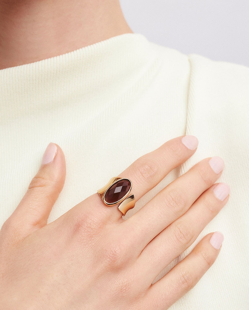 Anillo ancho ambar bañado en oro de 18 kt con cuarzo café - Vidal & Vidal - Marrón Marrón-2