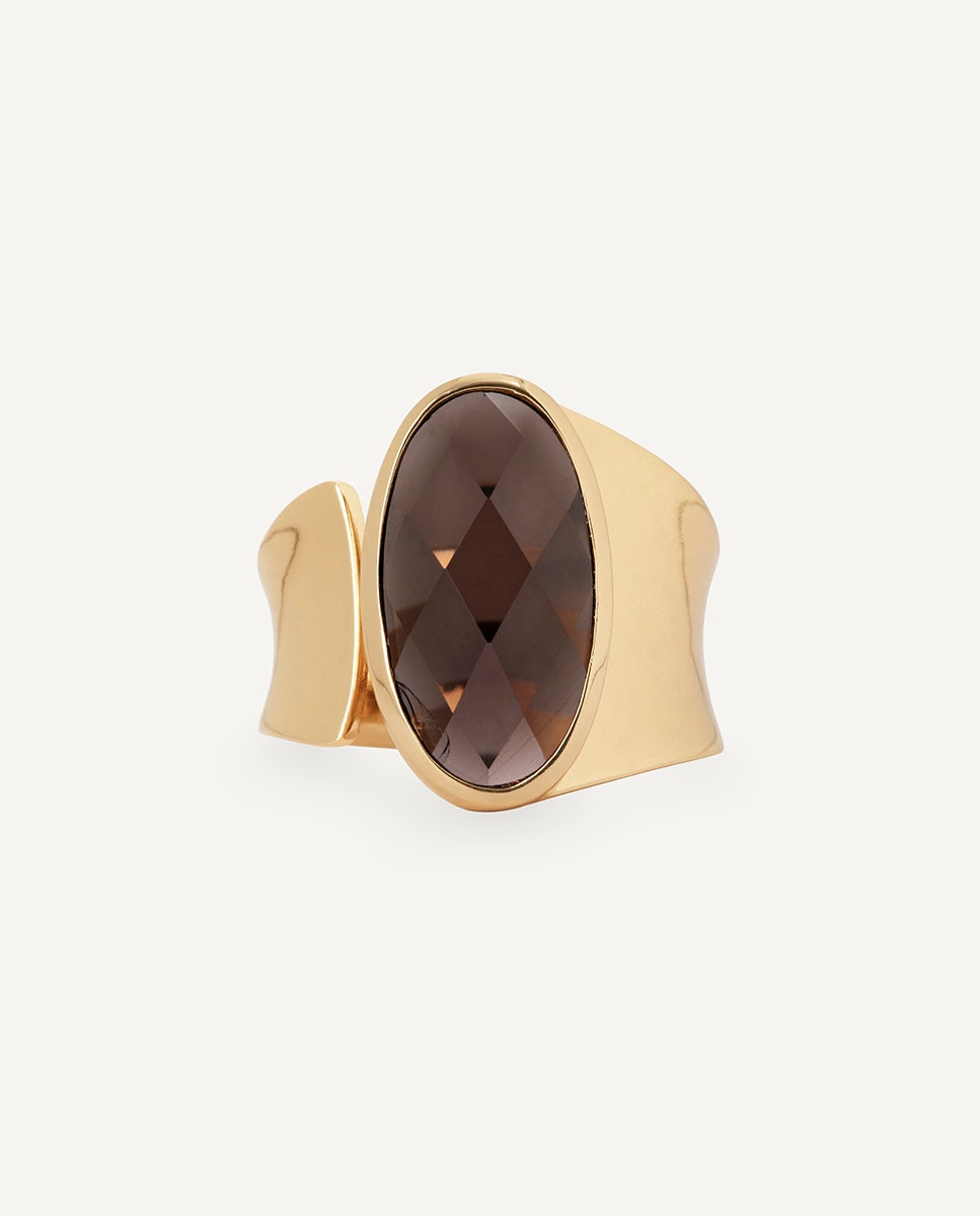Anillo ancho ambar bañado en oro de 18 kt con cuarzo café - Vidal & Vidal - Marrón Marrón-4