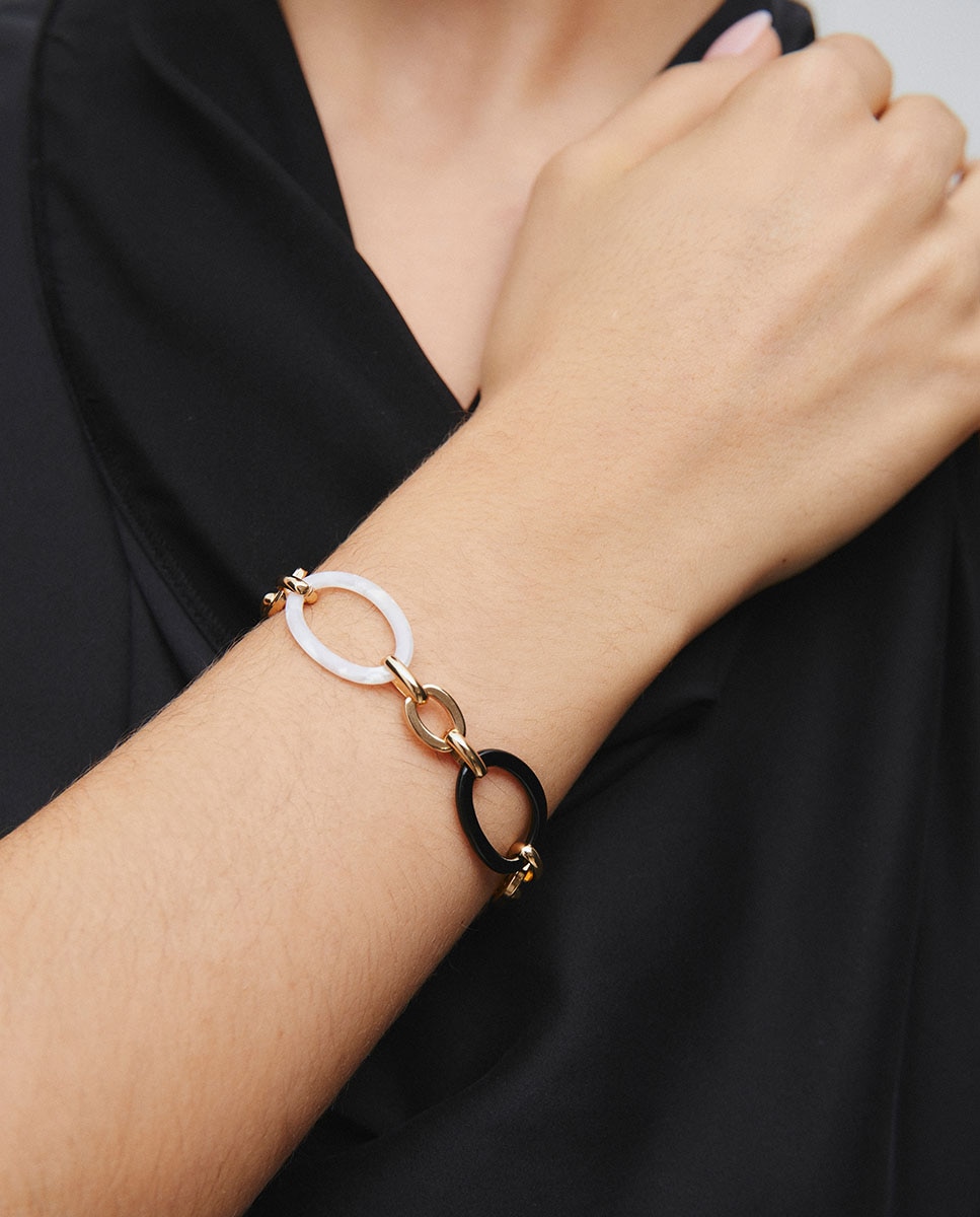 Imagen 2 de Pulsera eslabones foclar bicolor bañada en oro de 18 kt - Vidal & Vidal - Blanco / Negro Blanco / Negro