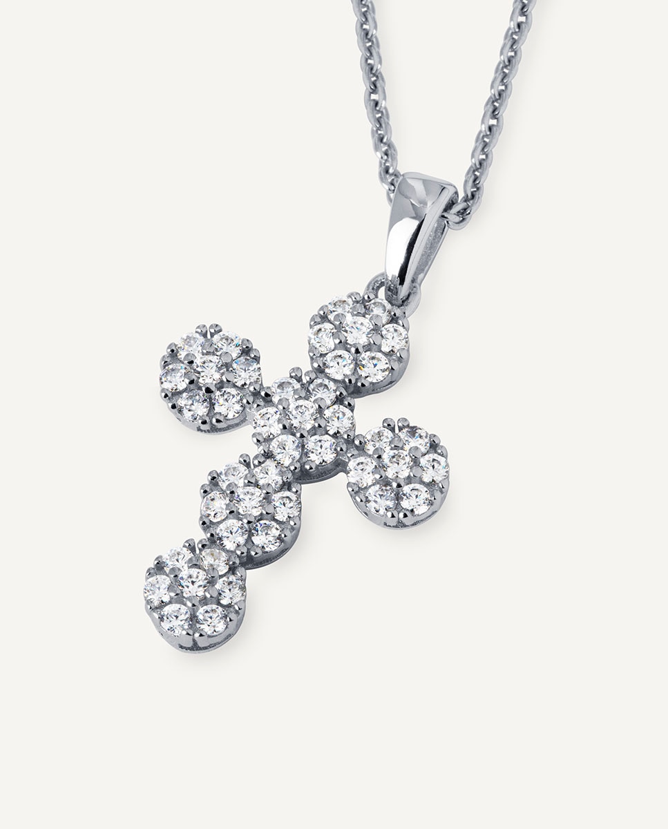 Colgante cruz fiore de plata de ley 925 con baño en platino y circonitas - Vidal & Vidal - Plata Plata-4