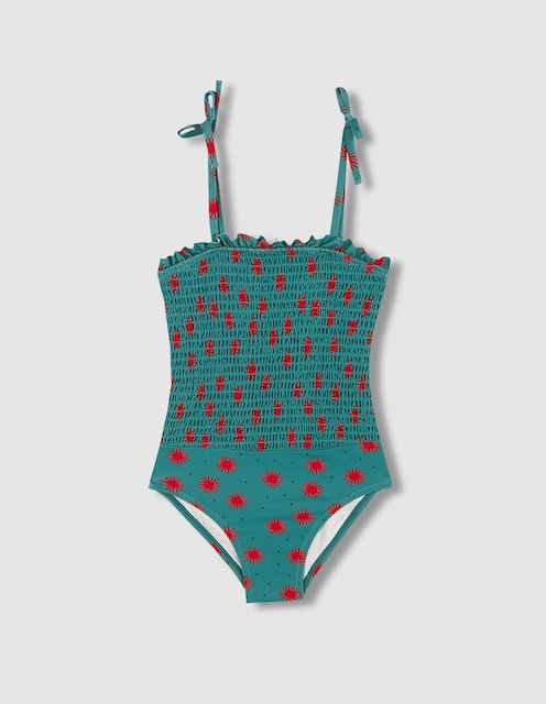 Imagen 0 de Bañador de niña de soles y puntos con cuerpo en smock