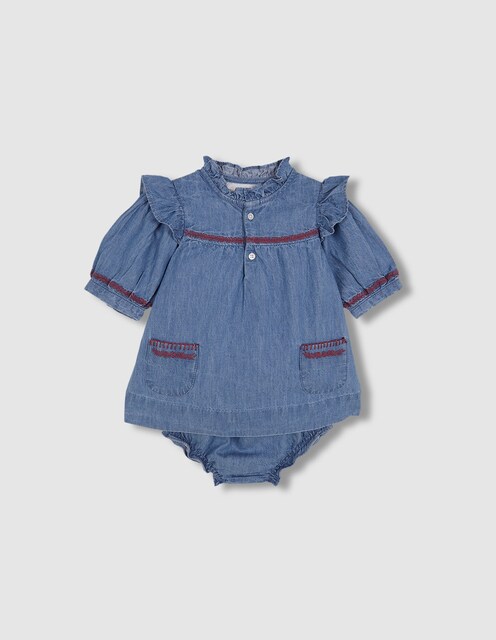 Imagen 0 de Vestido de bebé niña vaquero con bordados y braguita a juego