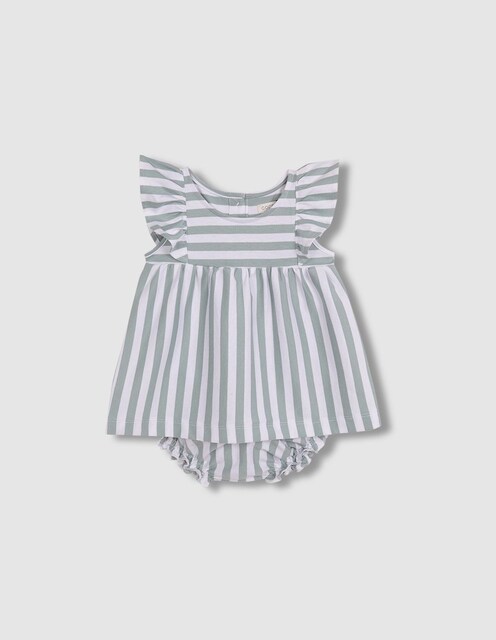 Imagen 0 de Vestido de bebé niña de rayas con volantes y braguita a juego
