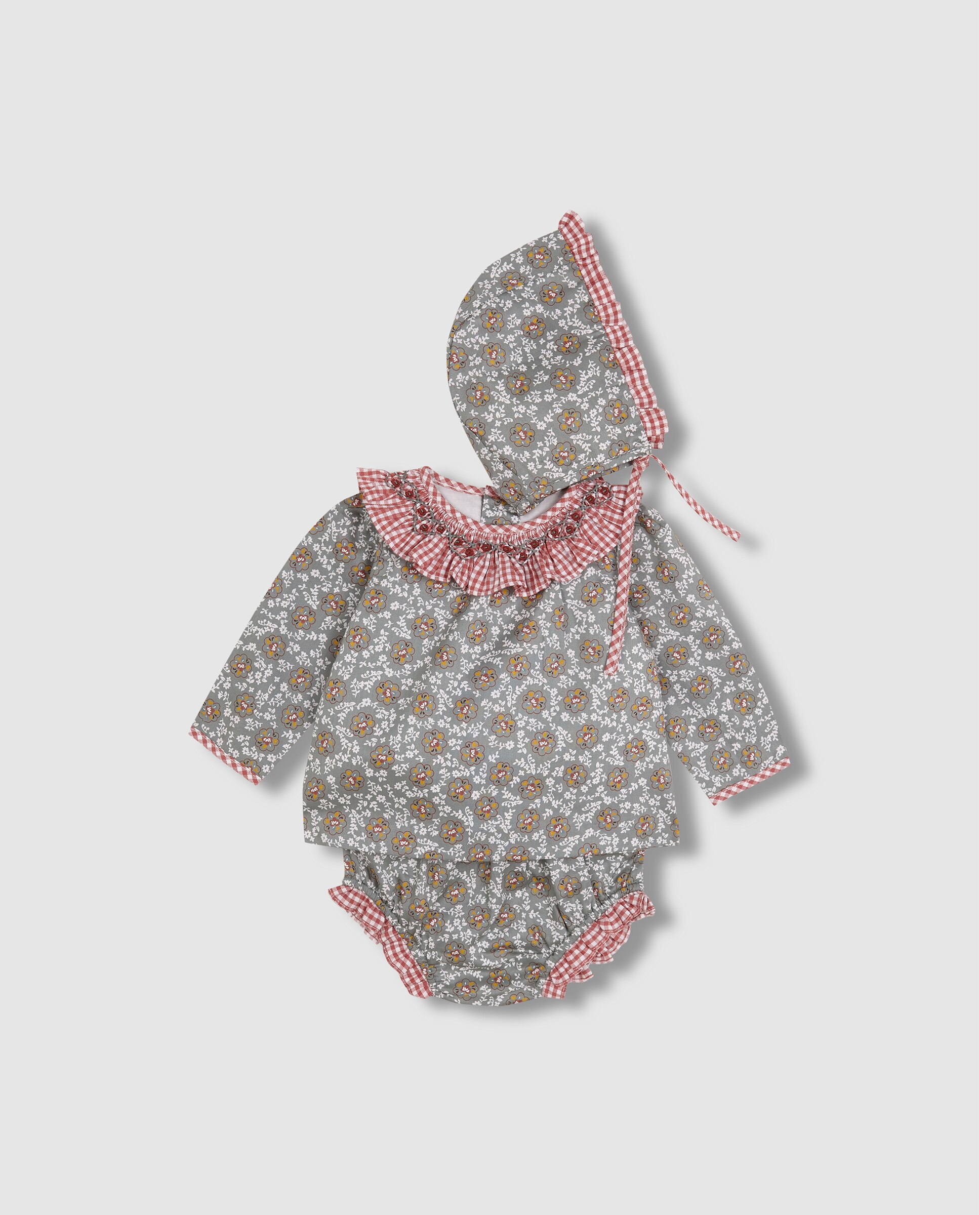 Conjunto de bebé estampado con capota y nido de abeja a mano