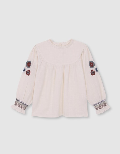 Imagen 0 de Blusa de niña con bordado en mangas abullonadas blanco