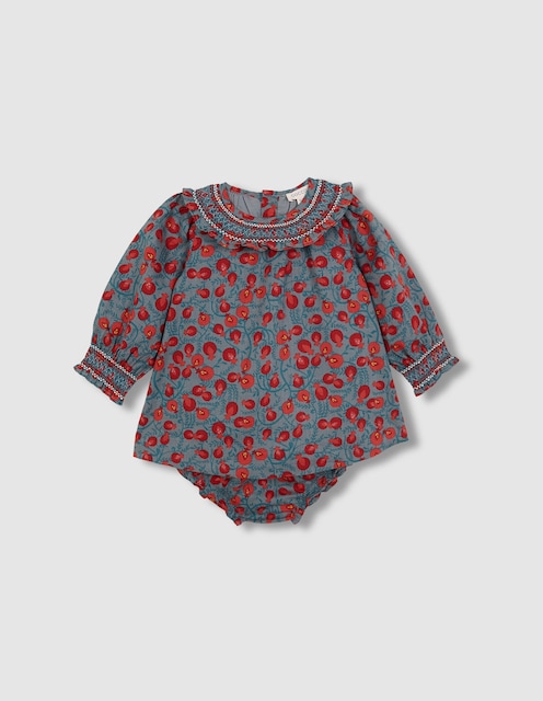 Imagen 0 de Vestido de bebé estampado con cuello nido de abeja a mano
