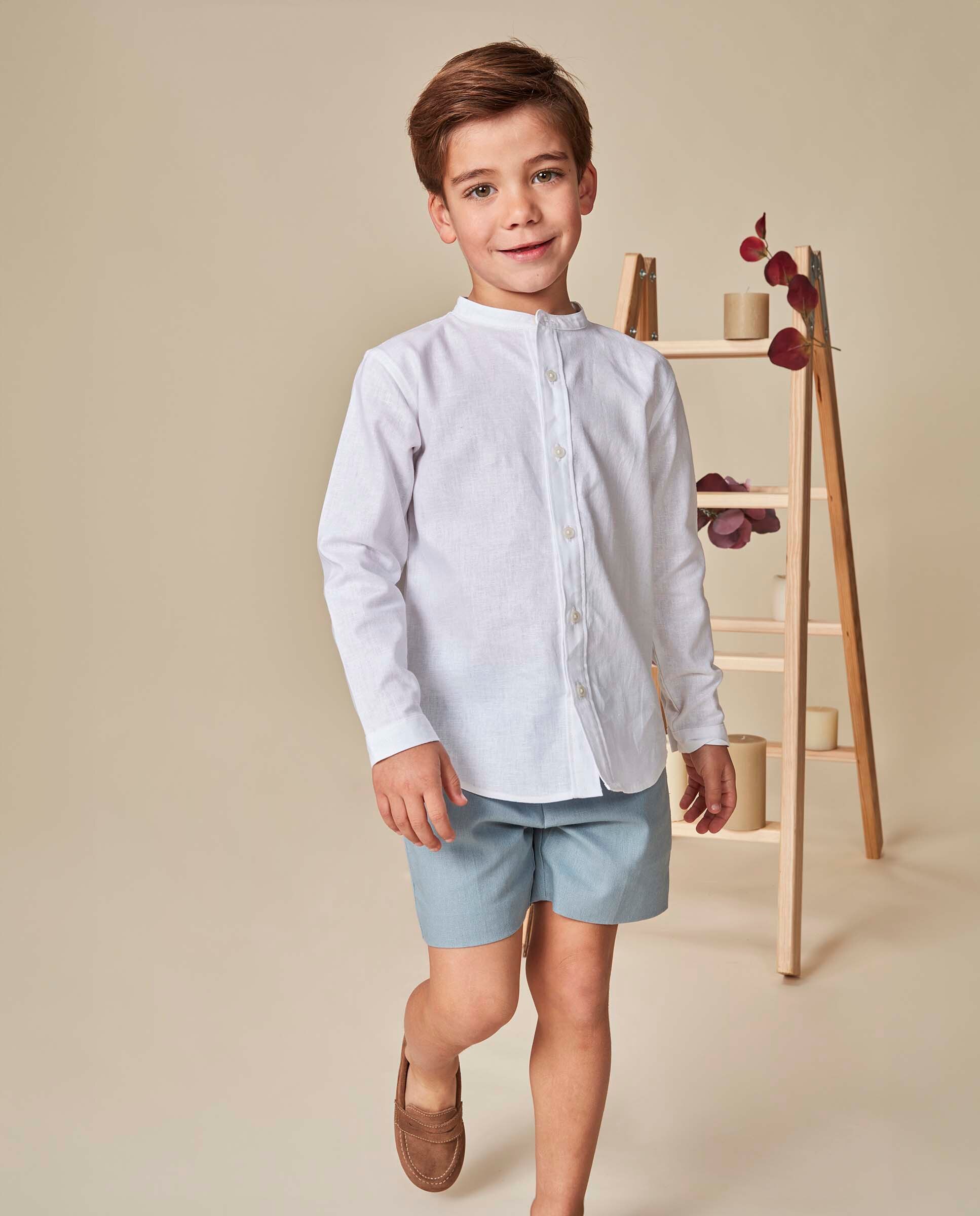 Camisa de niño cuello mao lisa de lino - Gocco - Blanco Blanco-2