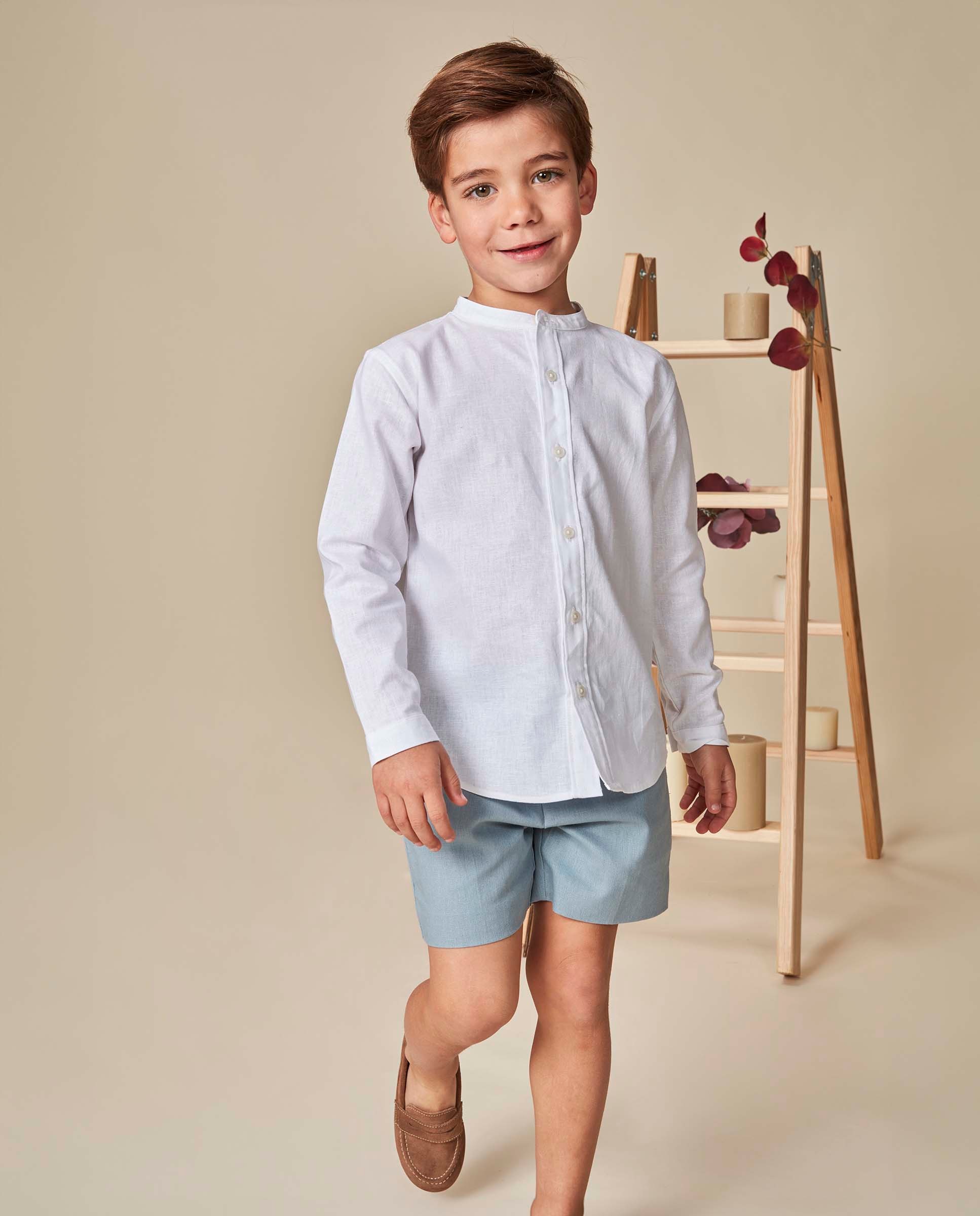 Camisa de niño cuello mao lisa de lino - Gocco - Blanco Blanco-3