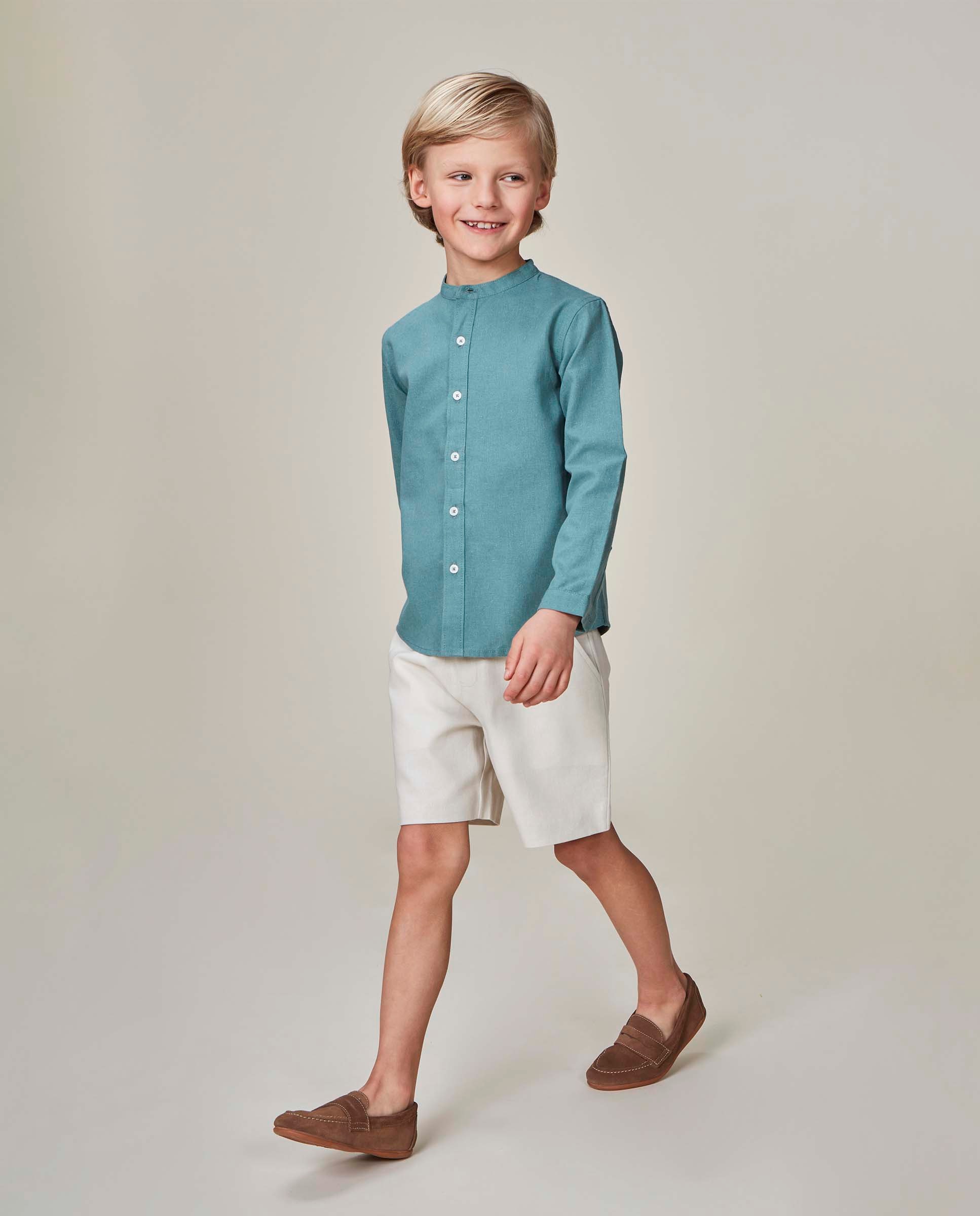 Imagen 0 de Camisa de niño cuello mao lisa de lino Verde