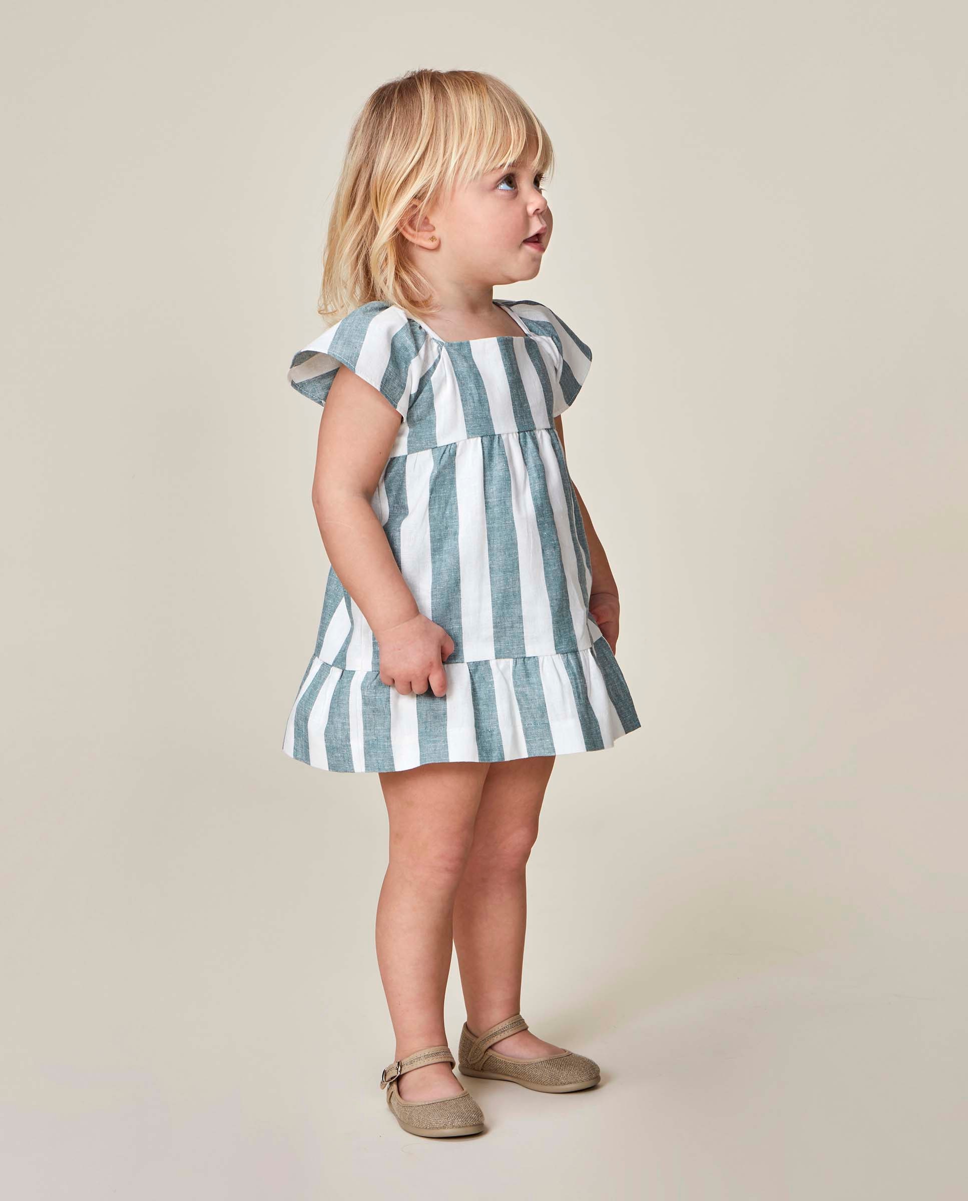 Imagen 0 de Vestido de bebé lino rayas Verde claro