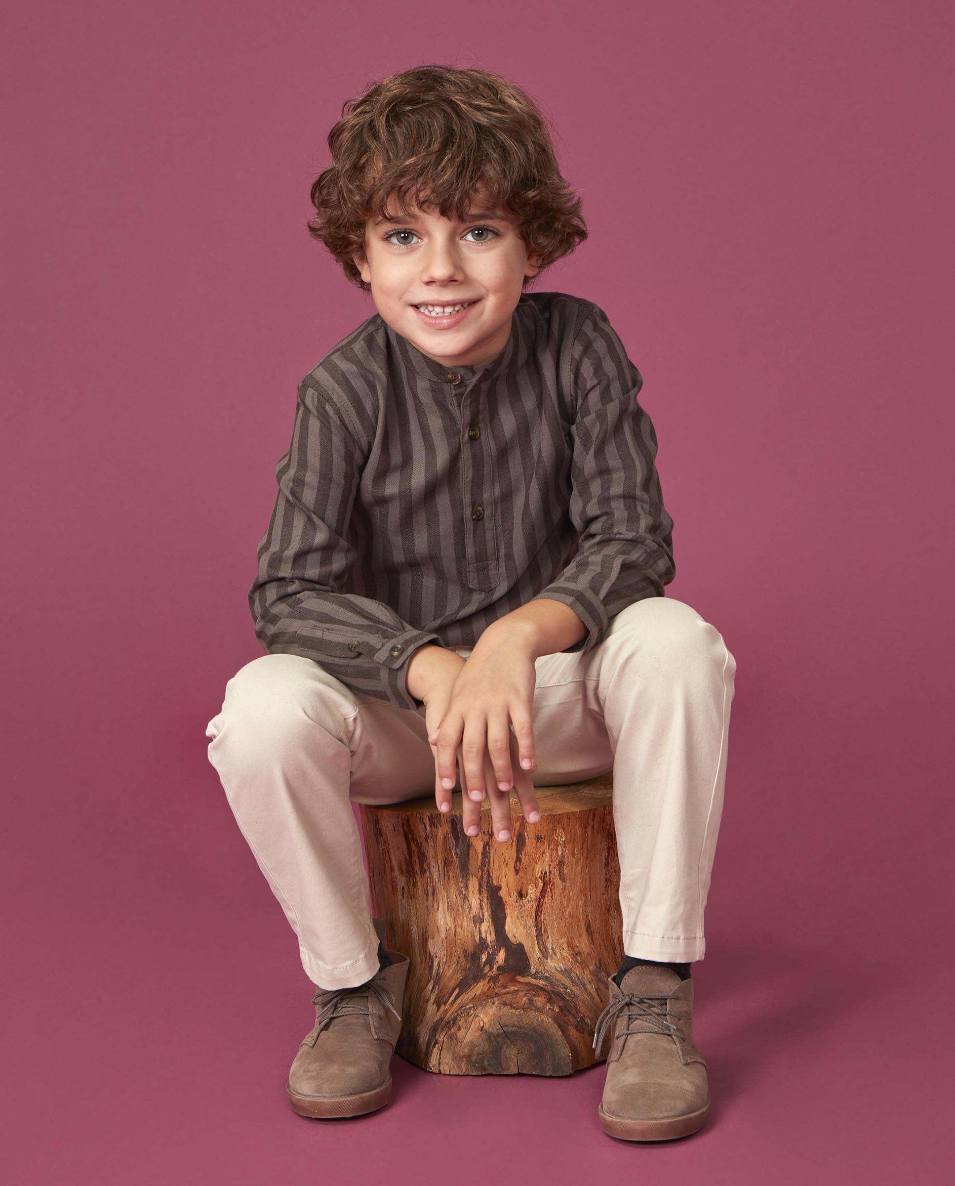 Imagen 3 de Camisa de niño de rayas con cuello mao - Gocco - Marrón oscuro Marrón oscuro