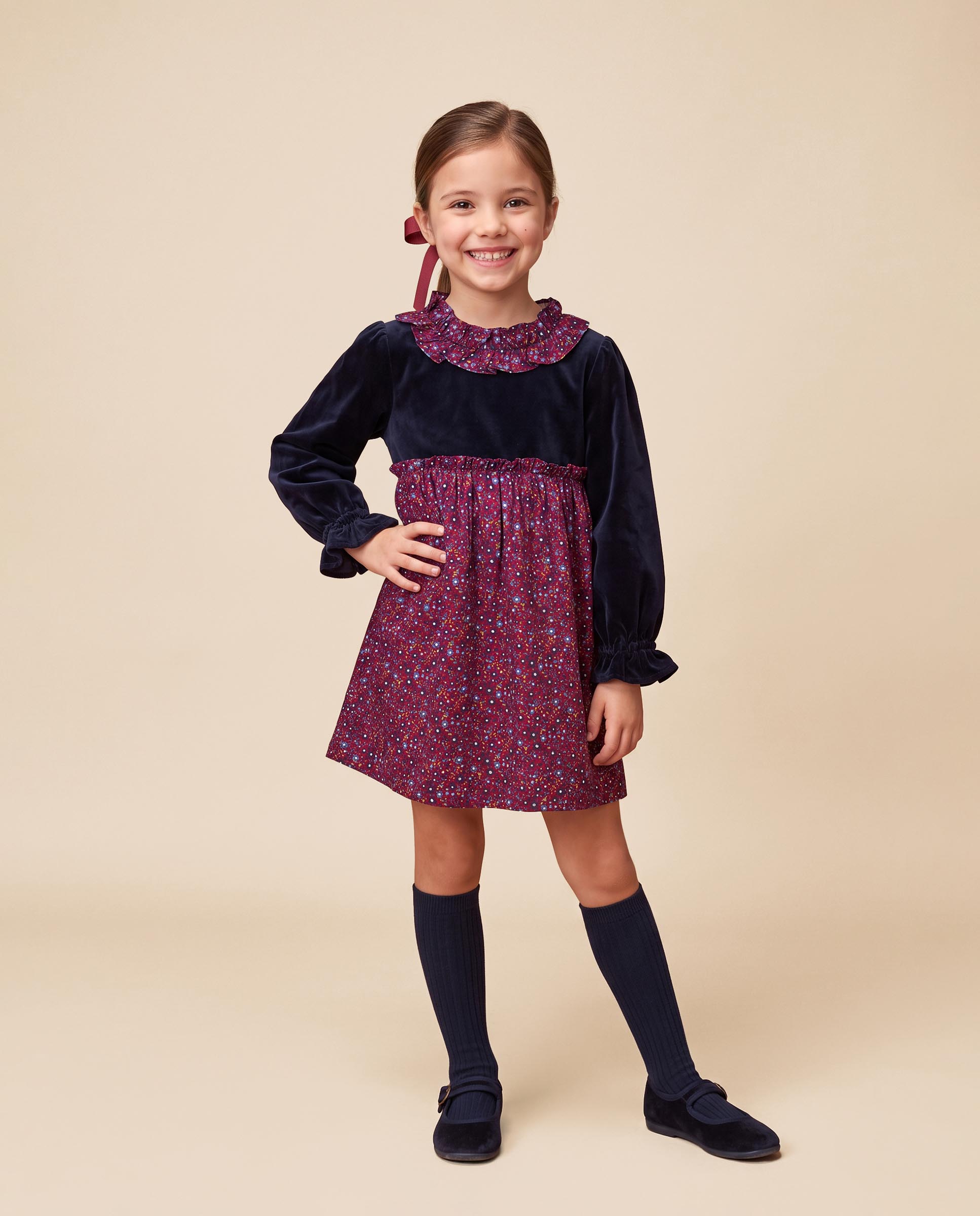 Imagen 1 de Vestido de niña de terciopelo con estampado Azul oscuro