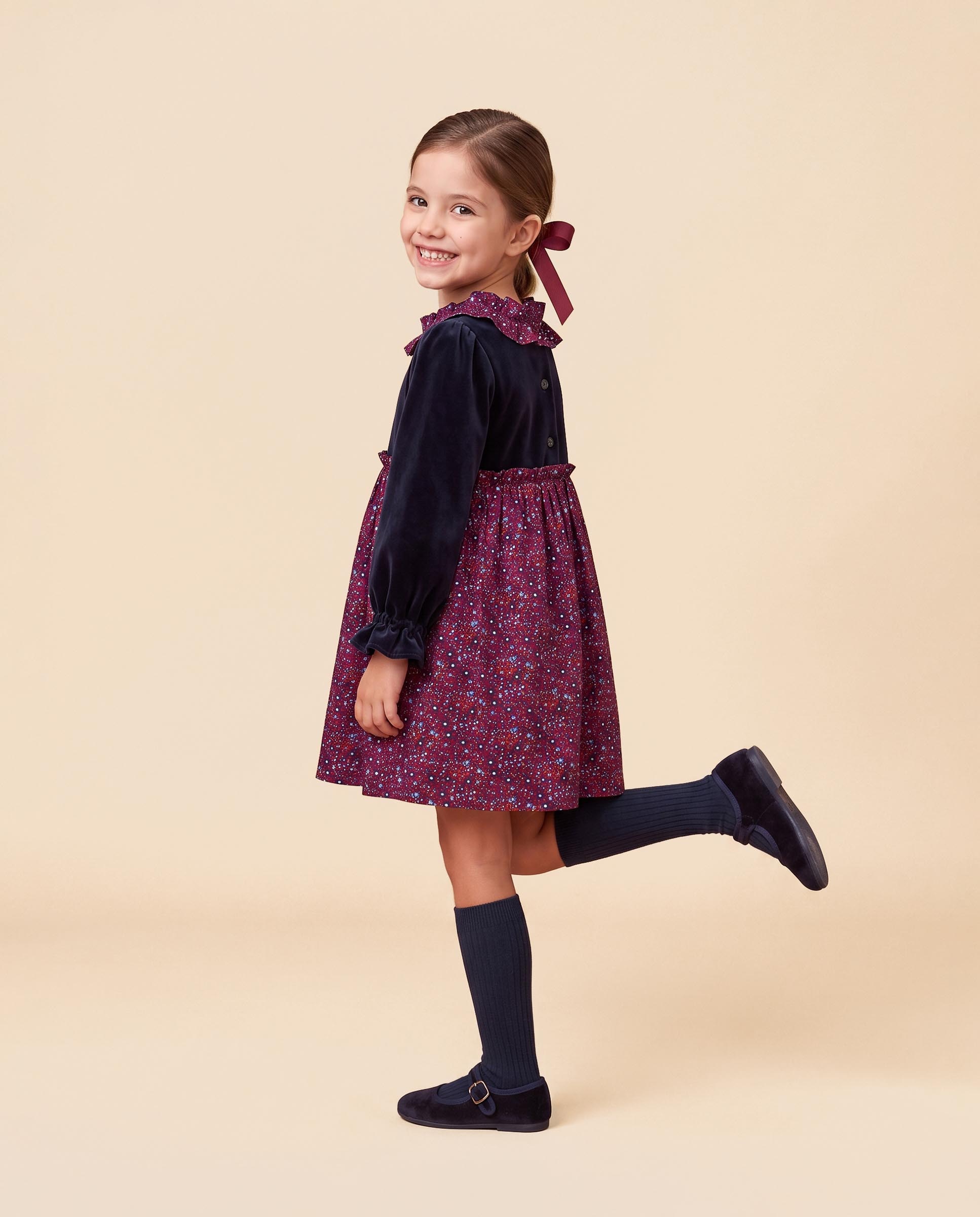 Imagen 2 de Vestido de niña de terciopelo con estampado - Gocco - Azul oscuro Azul oscuro