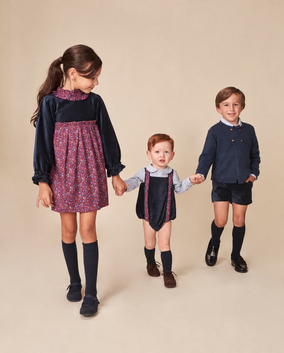 Imagen 4 de Vestido de niña de terciopelo con estampado - Gocco - Azul oscuro Azul oscuro