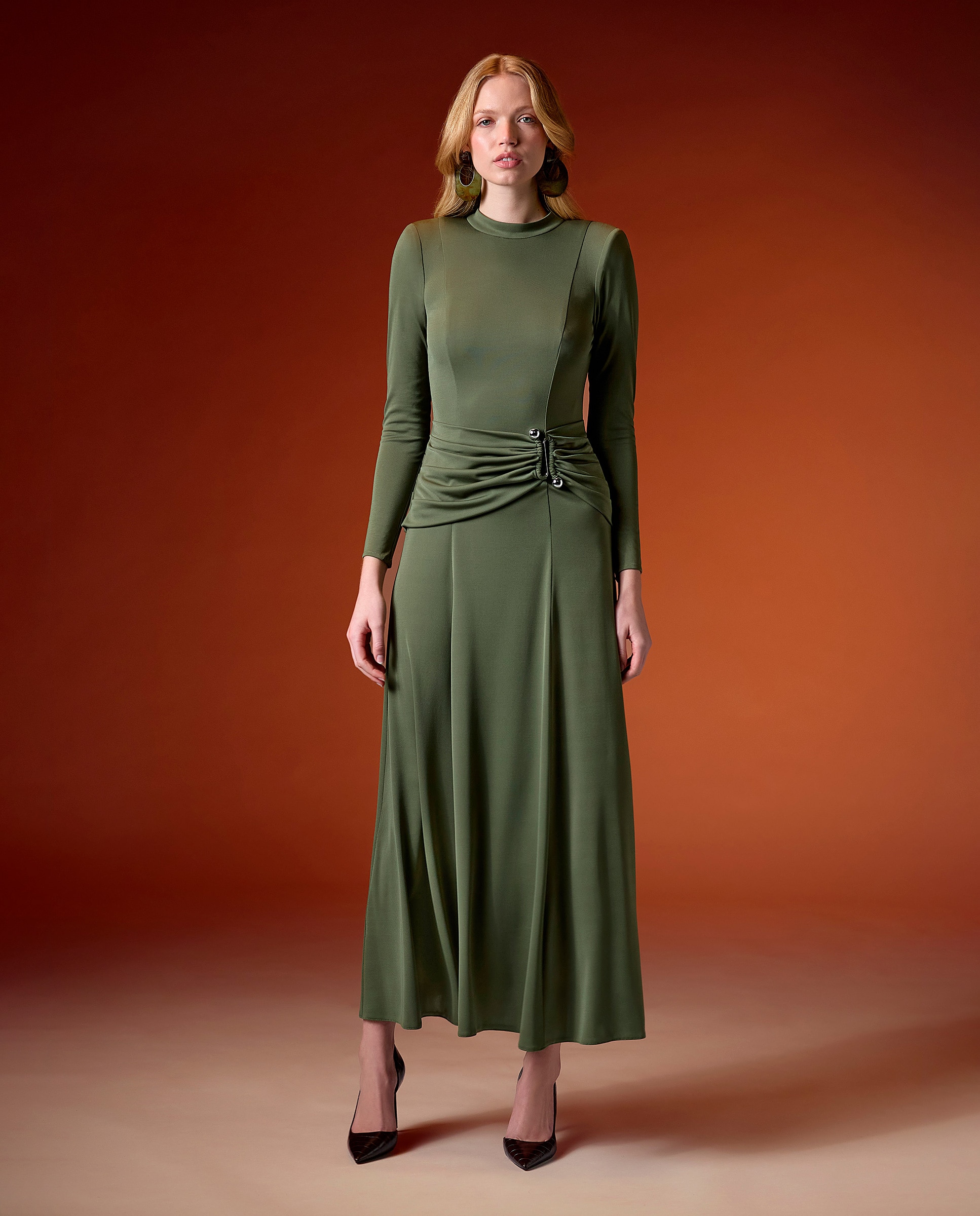 Vestido midi de punto con drapeado lateral - Sonia Peña - Verde Verde-3