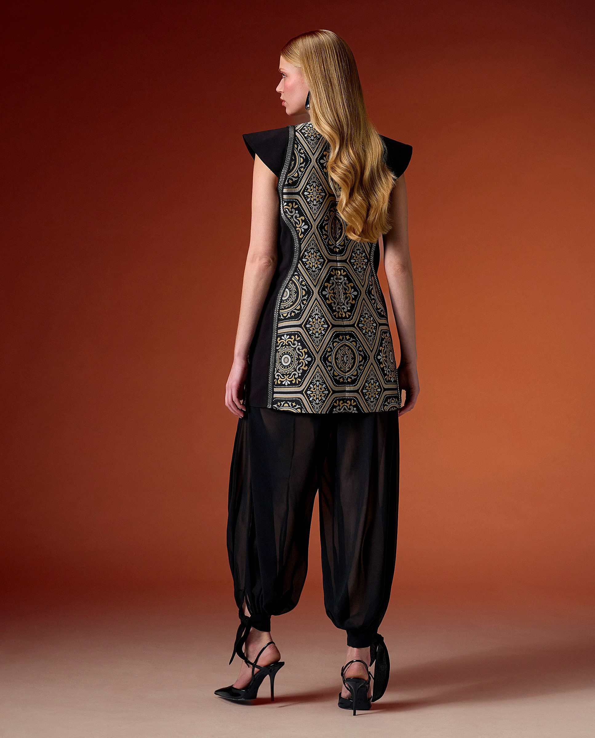 Conjunto de túnica estampada y pantalón de gasa. - Sonia Peña - Negro / Plata Negro / Plata-2