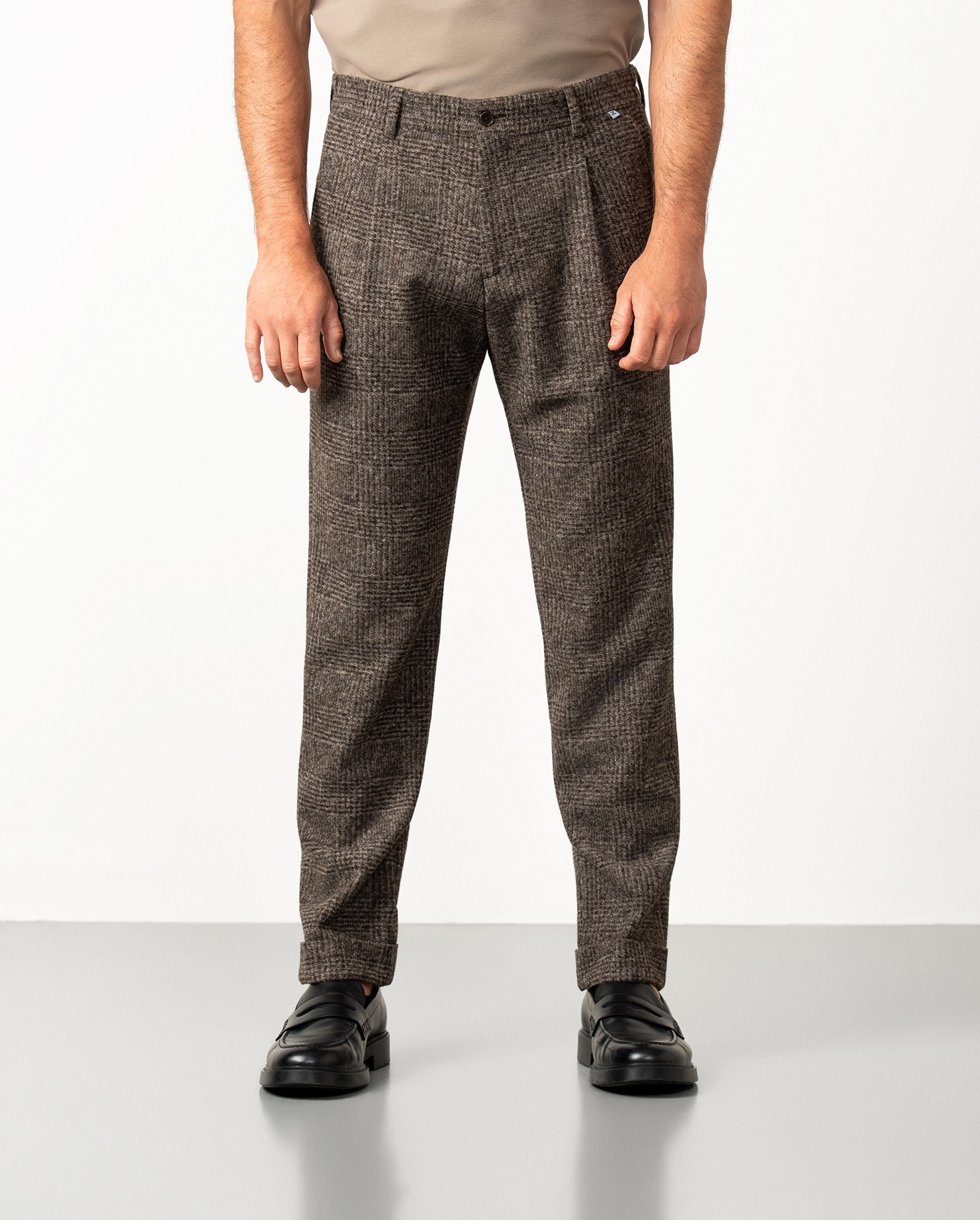 Pantalón de hombre con cordón y goma en cuadro gales - Etiem - Marrón Marrón-2