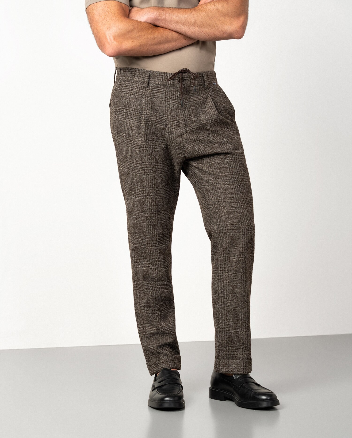 Pantalón de hombre con cordón y goma en cuadro gales - Etiem - Marrón Marrón-3
