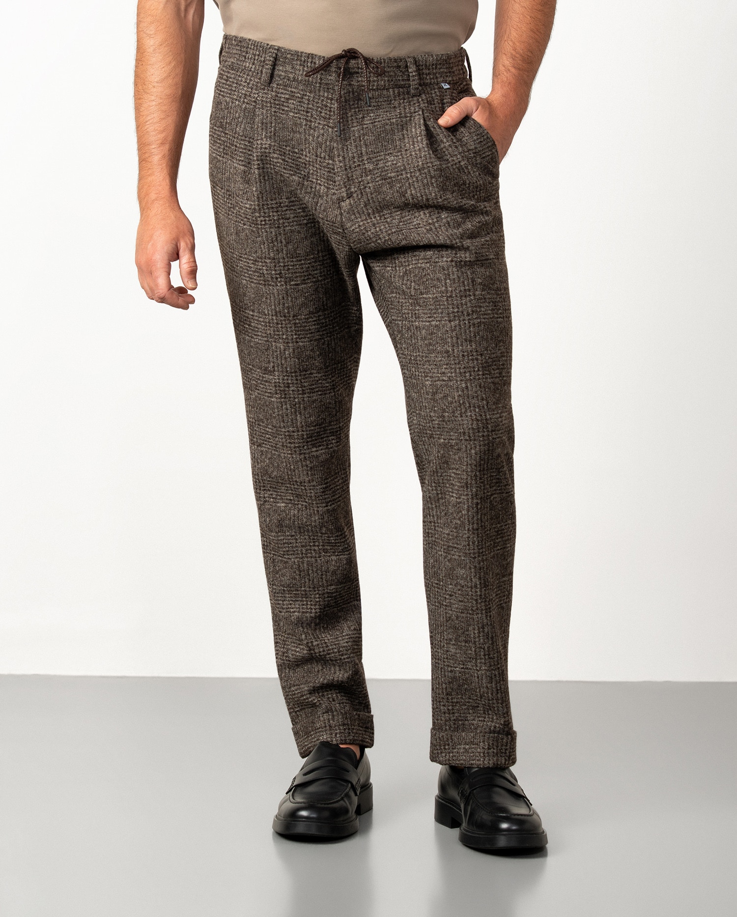 Pantalón de hombre con cordón y goma en cuadro gales - Etiem - Marrón Marrón-4